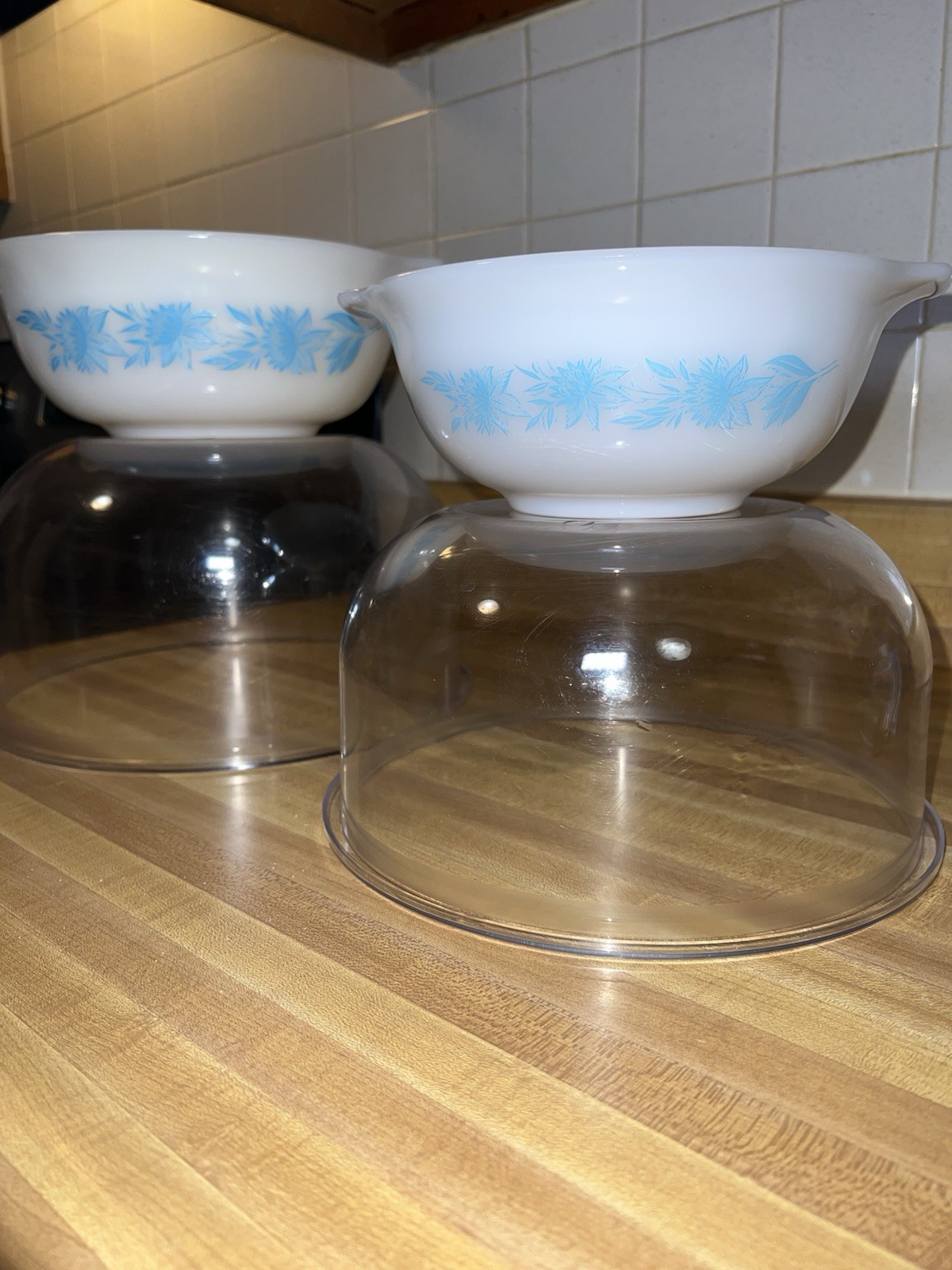 Vintage Glasbake Milk Glass Blue Thistle Flower Bowl Set Of 2 EUC 8.5 And 9”
