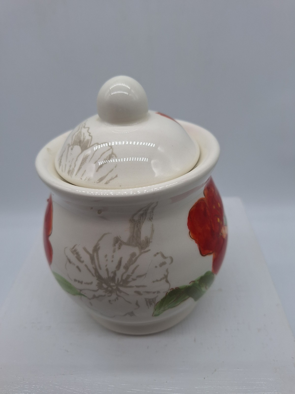 Maxcera Red Poppy Sugar Bowl with Lid Pottery Retired 5 1/2 inches