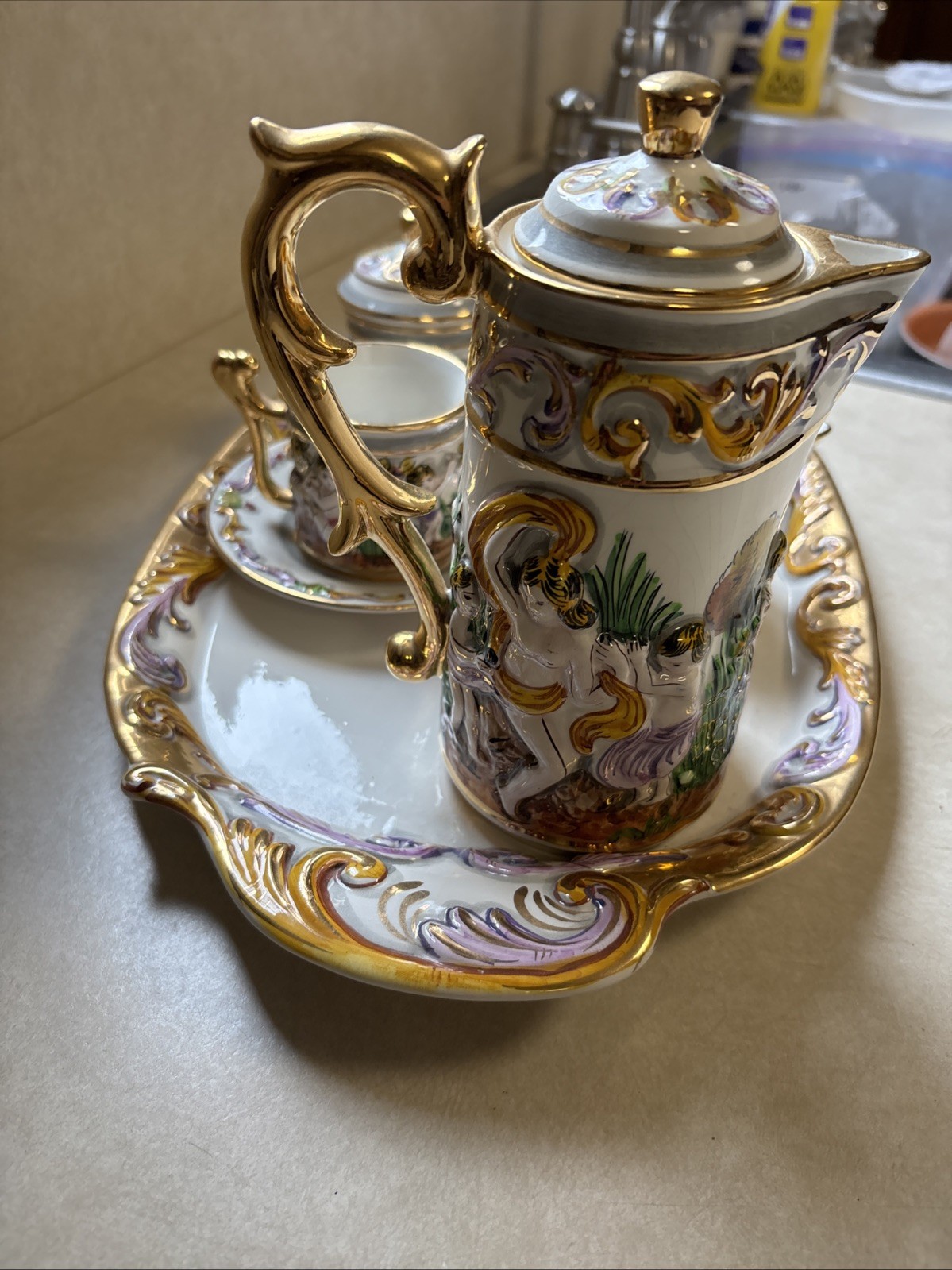 Vintage Elpa Alcobaca Cherubs Porcelain 2 Person Coffee/Tea Set & Tray Portugal
