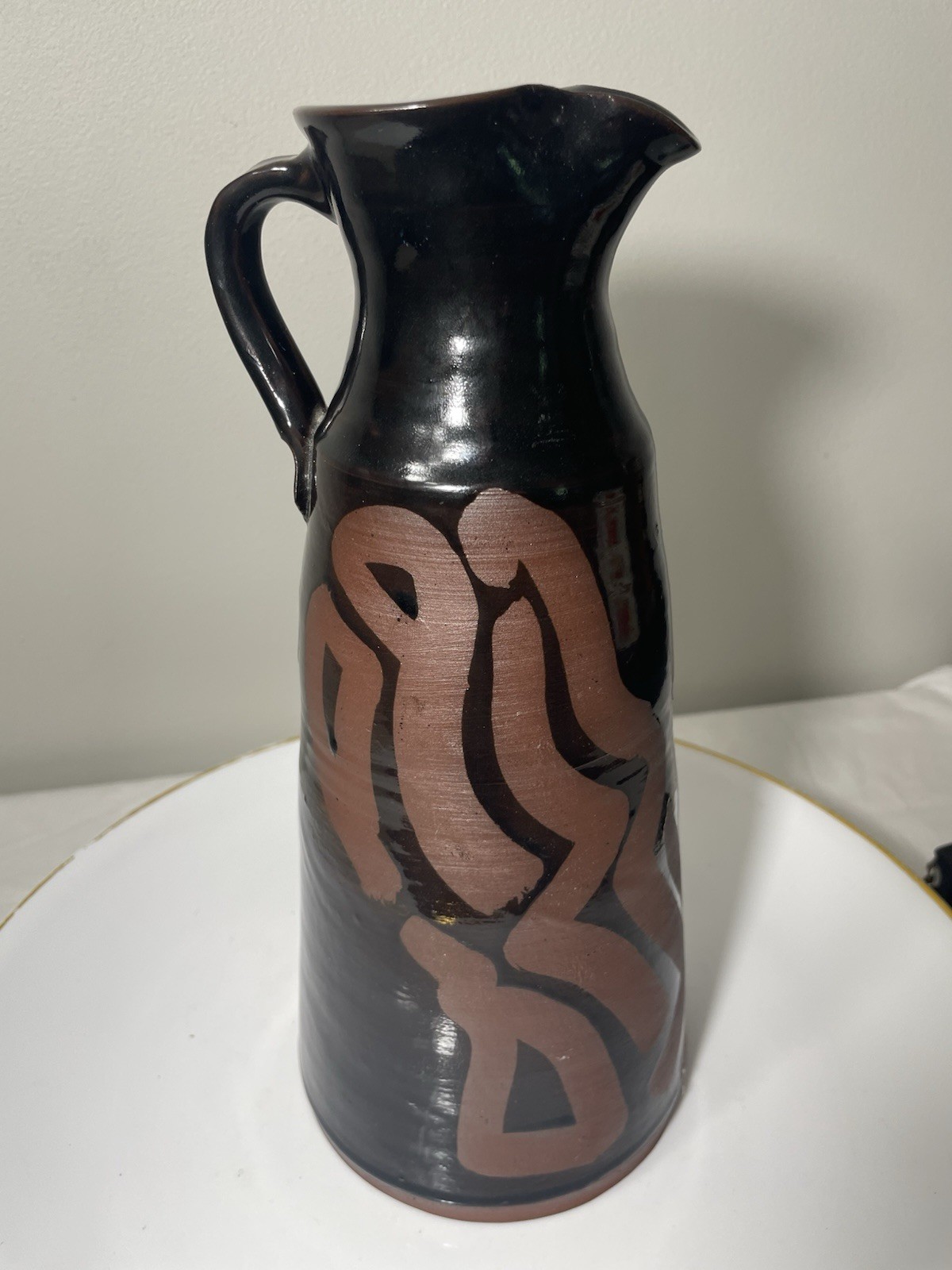 Redware Art Pottery Pitcher Vase Signed SE Abstract Mashiko Style