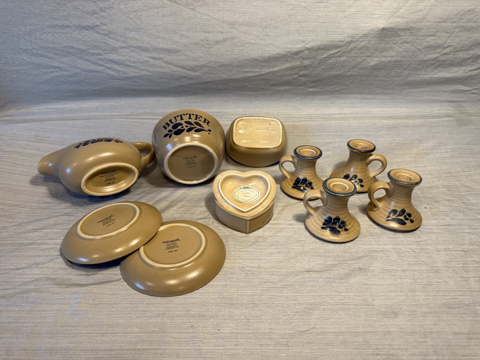 Pfaltzgraff Folk Art Stoneware Lot Gravy Boat Butter Dish Candlesticks 8pc