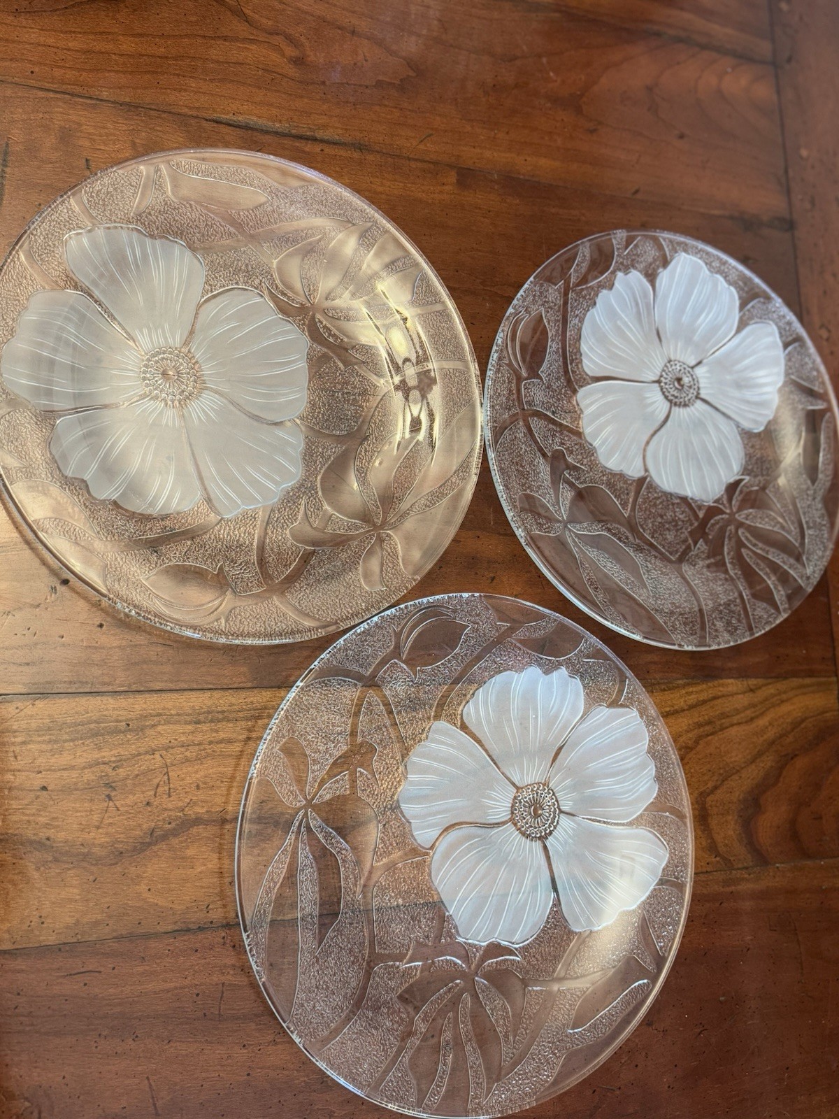 Set of 3 KI35 by KIG (INDONESIA) Glass Etched Flower 10” Dinner Plates