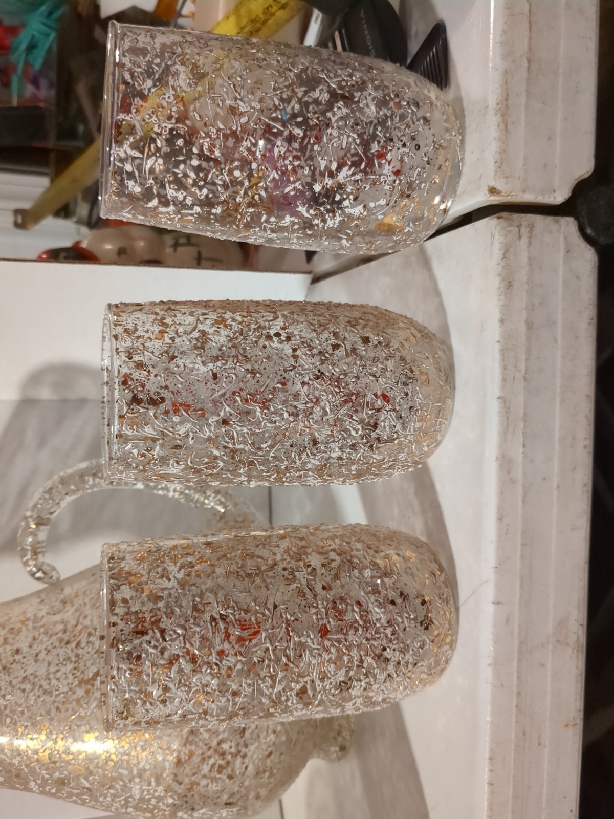 Vintage West Virginia Glass Co. Pitchers W/6 Glasses Gold Splatter Textured MCM