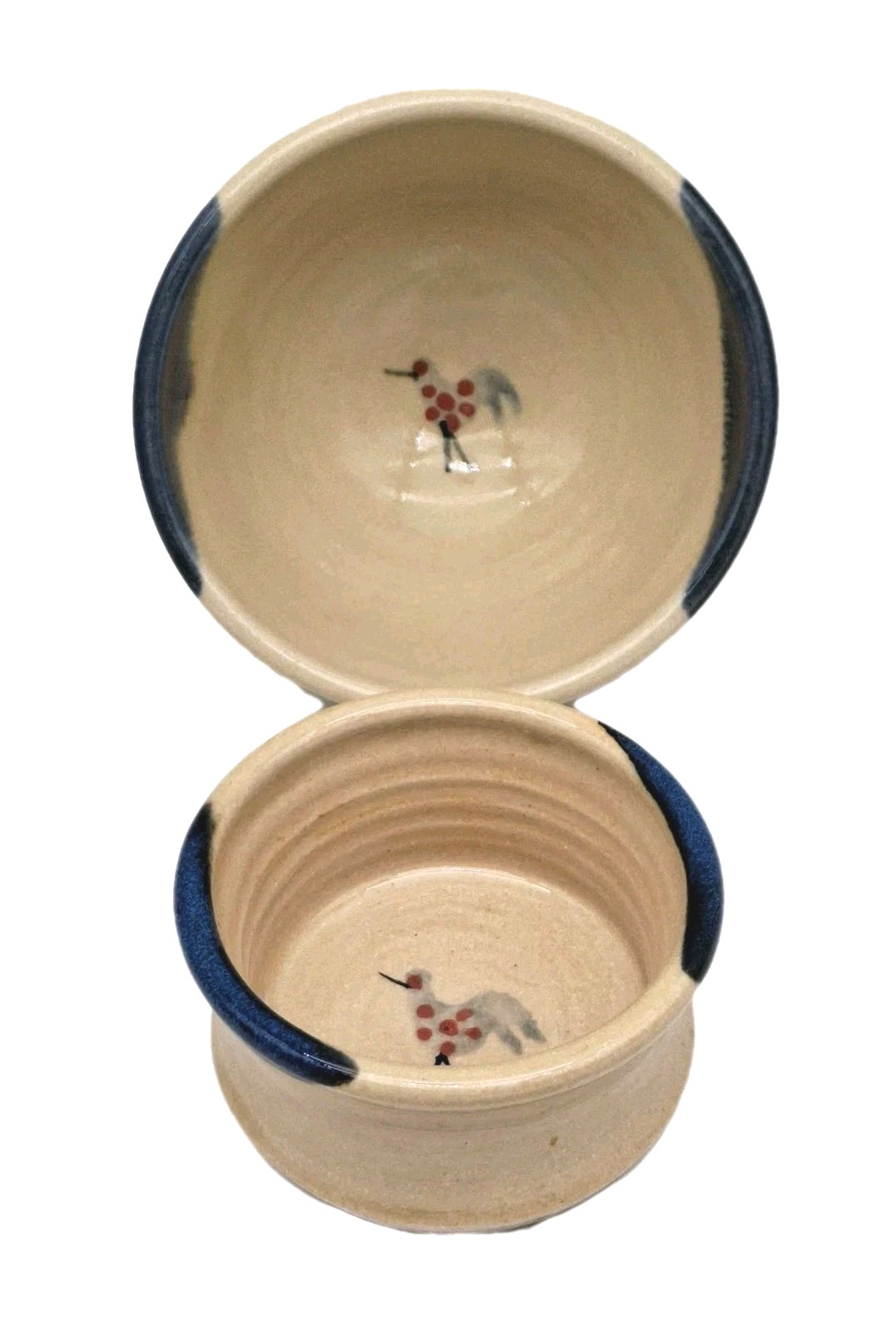 2 Mucros Bird Pottery Bowls Hand Thrown Ireland Spotted Tan Grey Blue Drip 4 5.5