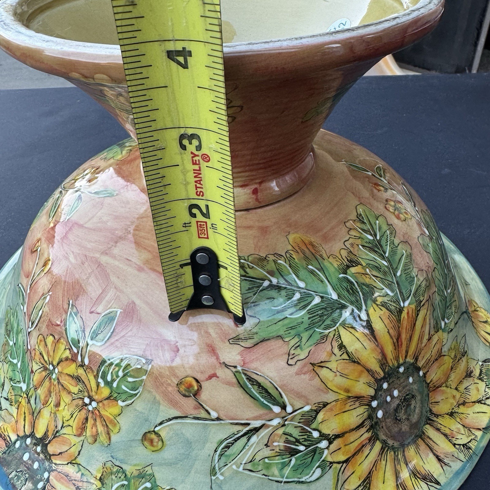 Vintage Sunflower Footed Pedestal Bowl Hand Painted Ceramic Centerpiece 12”