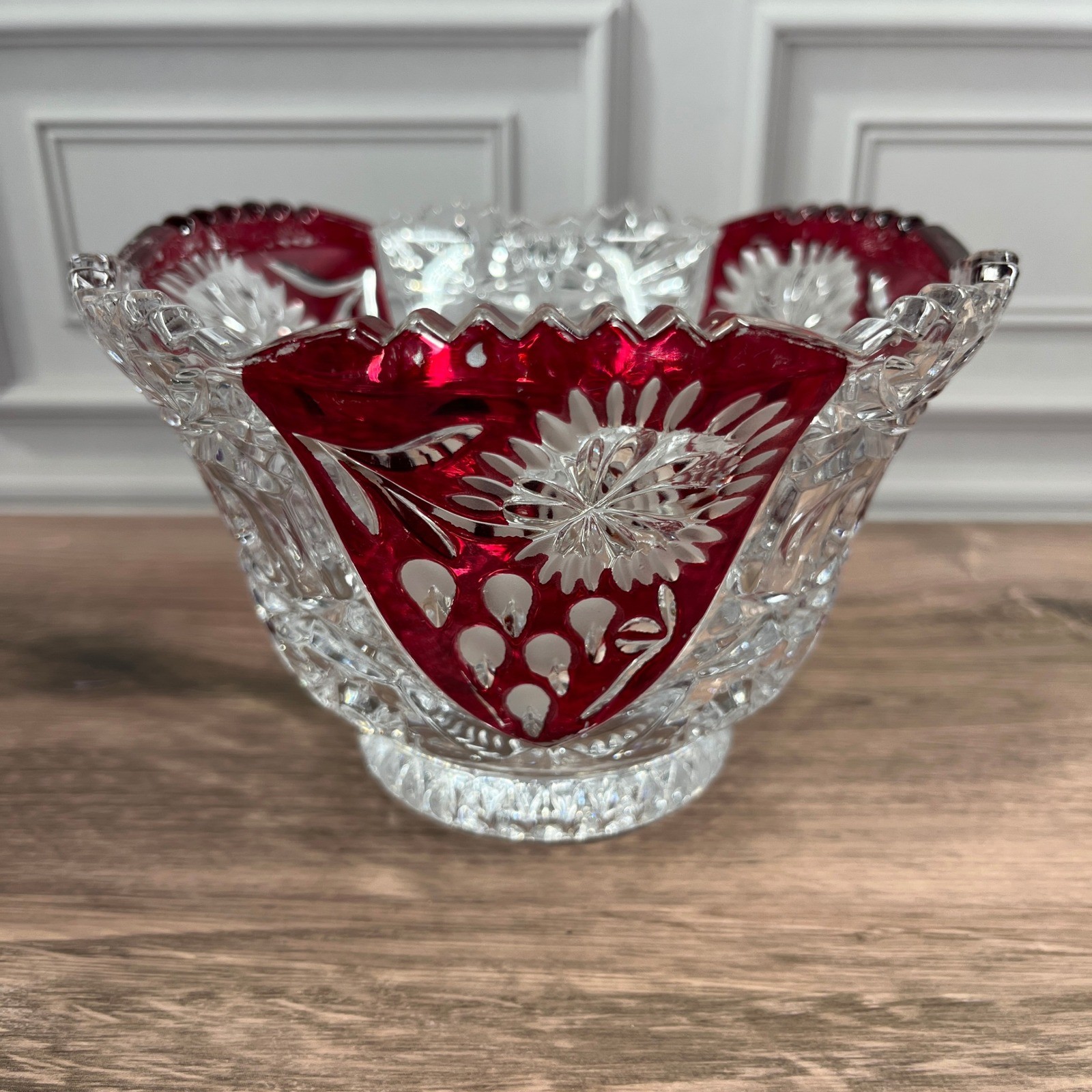 Evita Crystal 3pc Bowl Vase Set Red Clear 24% Lead Crystal Ruby Cut to Clear