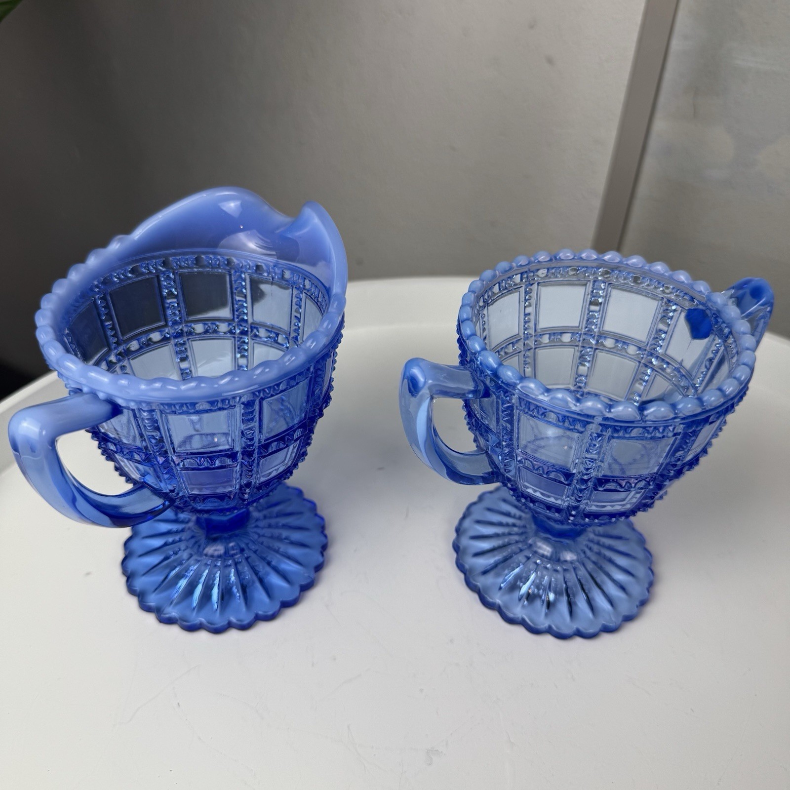 Vintage Deco Imperial Glass Beaded Block Blue Opalescent Cream & Sugar Set c1930