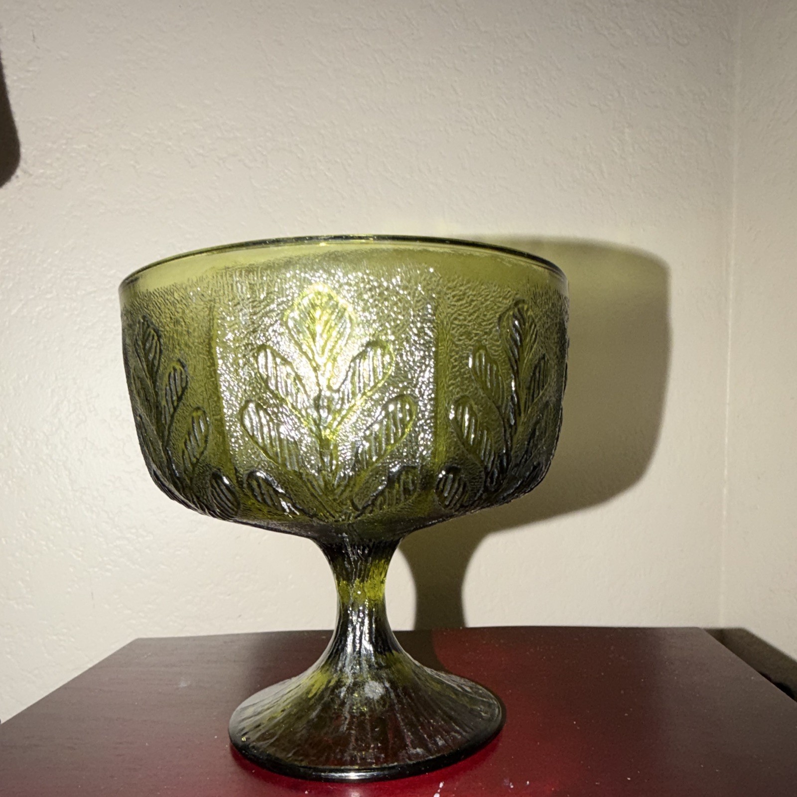 Vintage 1978 FTD Green Glass Compote Bowl Pedestal Dish Oak Leaf Embossed Retro