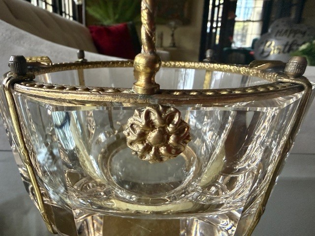 Rare Handled French Octagon Beveled Lead Crystal Gilt Bronze Bowl Griffin Feet