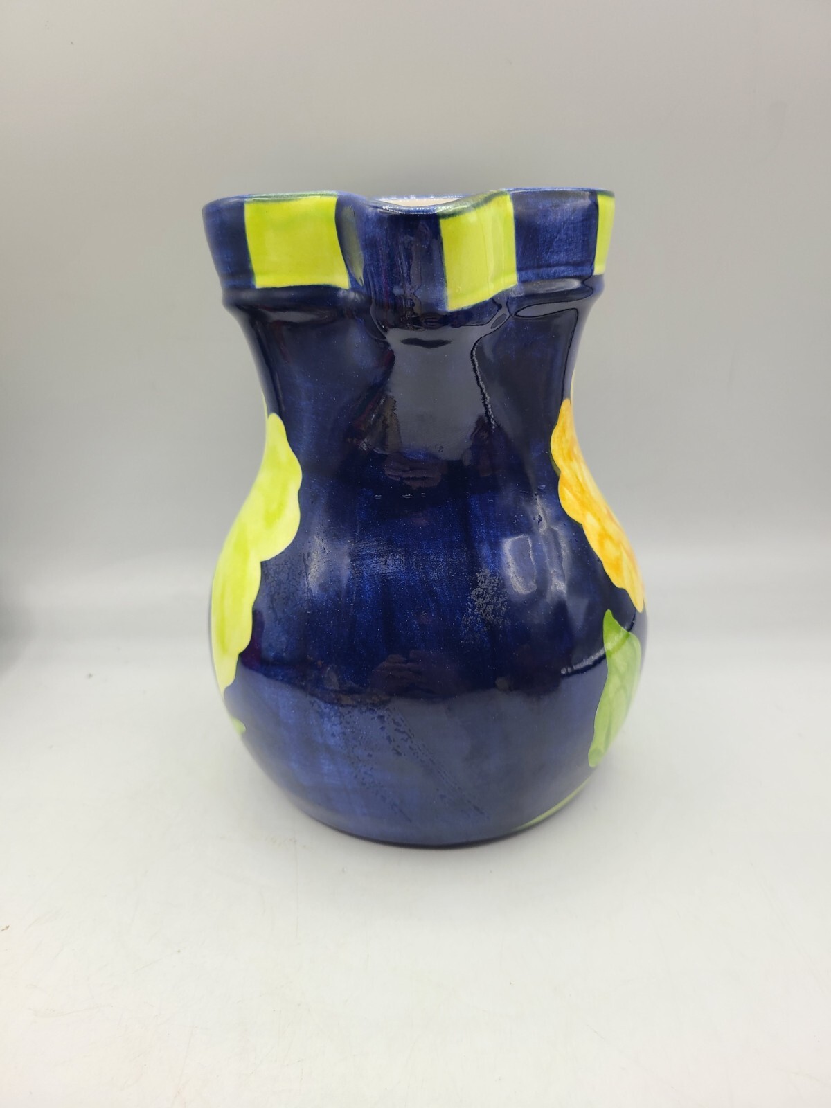 Cobalt Blue Yellow Floral Pitcher Hand Painted Laurie Gates Vintage