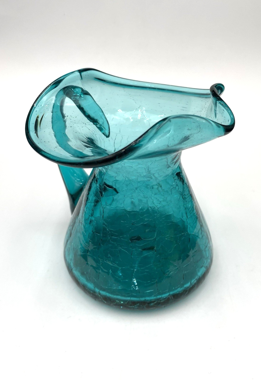Vintage (1960s) MCM Rainbow Glass Co. Crackle Glass Pitcher, Teal, 4.25″ Tall