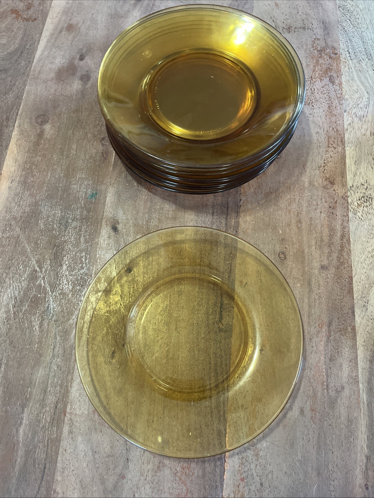 Vintage 1970’s Vitrosax Italy Amber Glass 7.25” Dinner Plates Set of 10