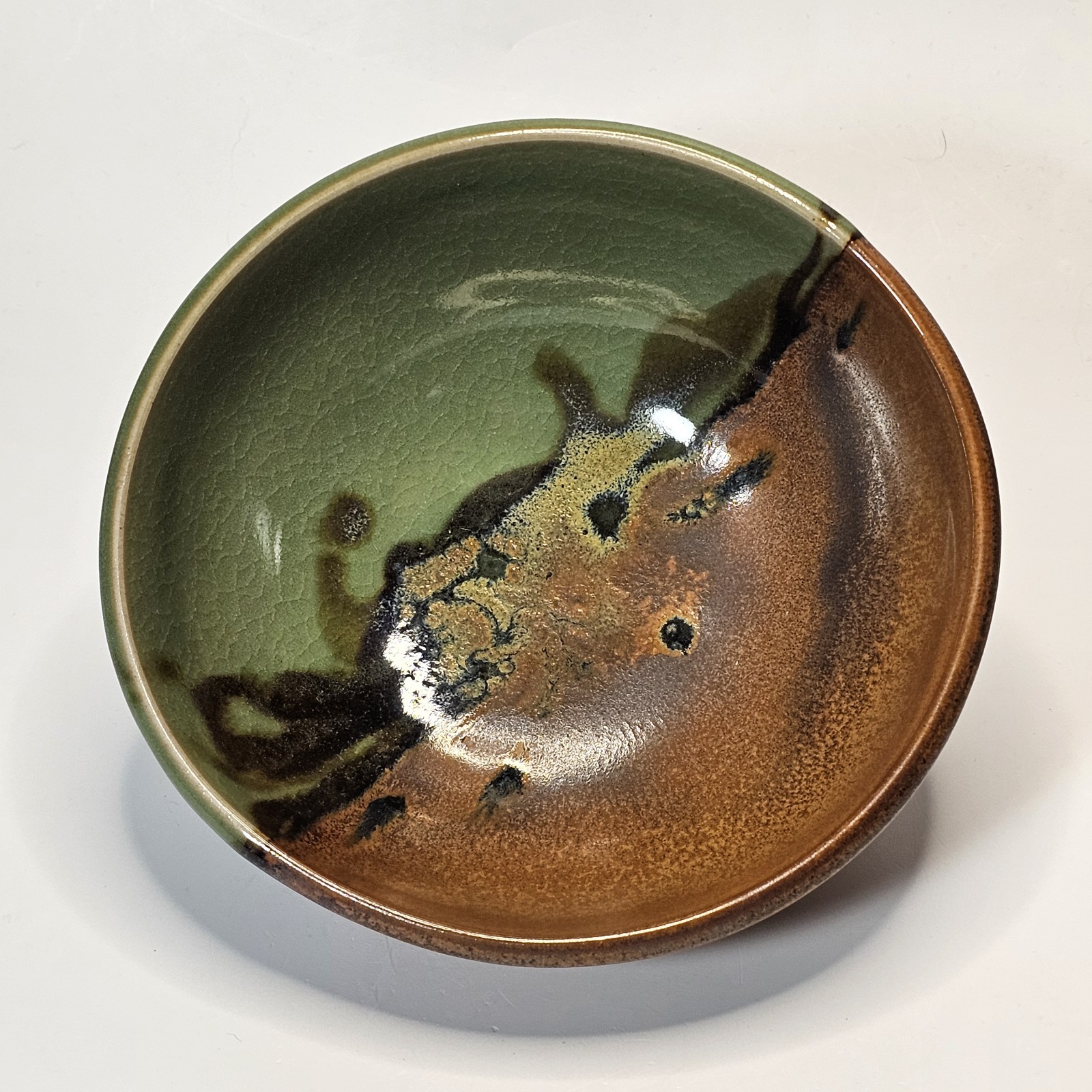 Studio Art Pottery Golden Green & Brown Drip Crackle Glaze Ceramic Bowl
