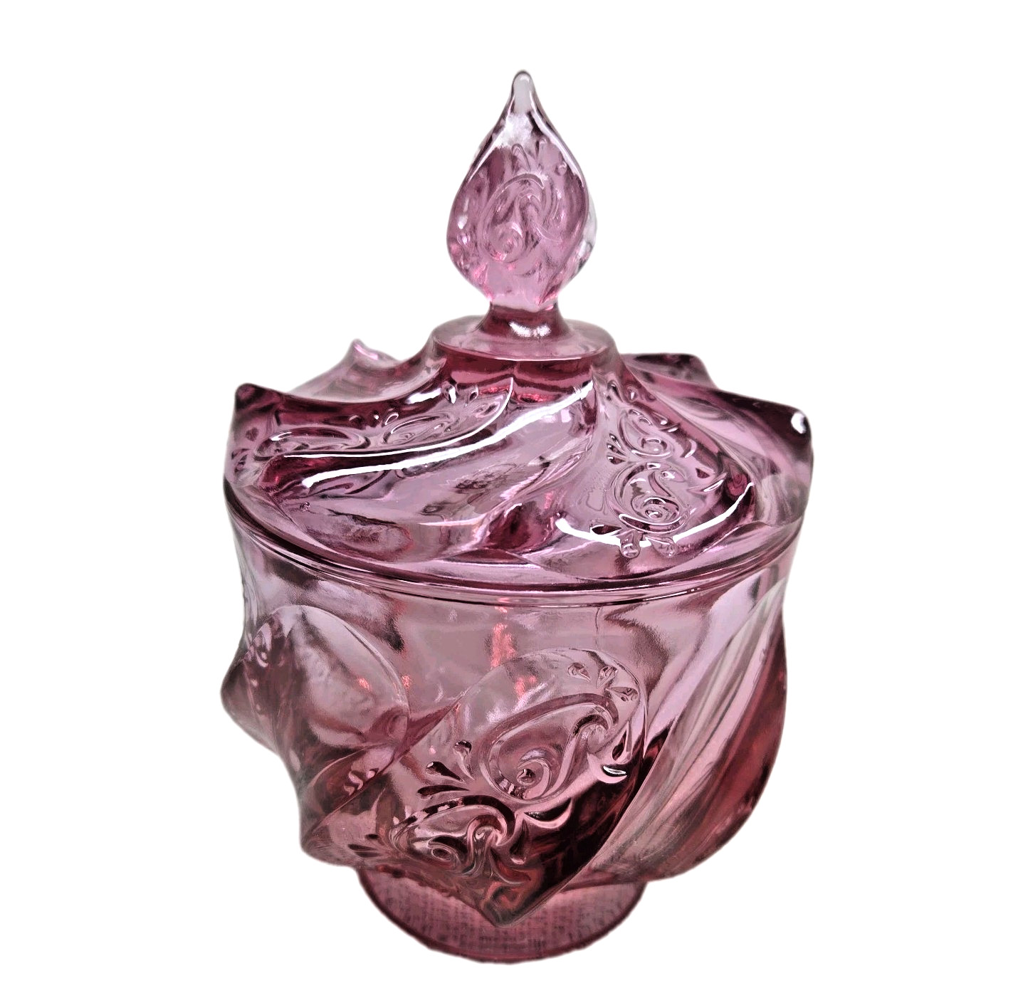 Vintage Fenton Pink Dusty Rose Paisley Swirl Candy Dish w/Lid & Sticker EUC 7.5″
