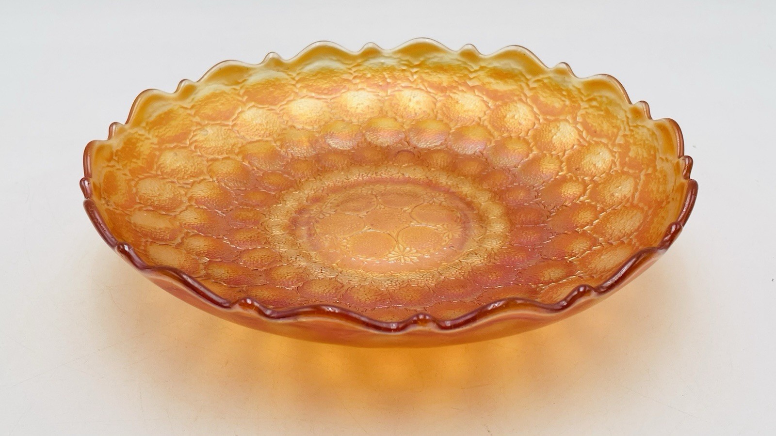 Antique Fenton Feather Stitch Orange & Marigold Carnival Glass Ruffle Bowl