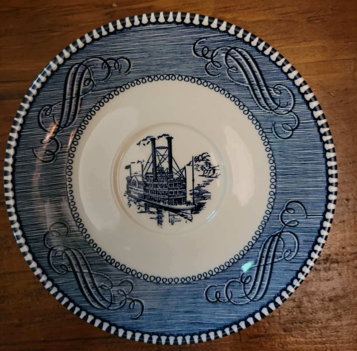 Currier & Ives Royal China Blue White Steamboat 6″ Saucer Plate Vtg