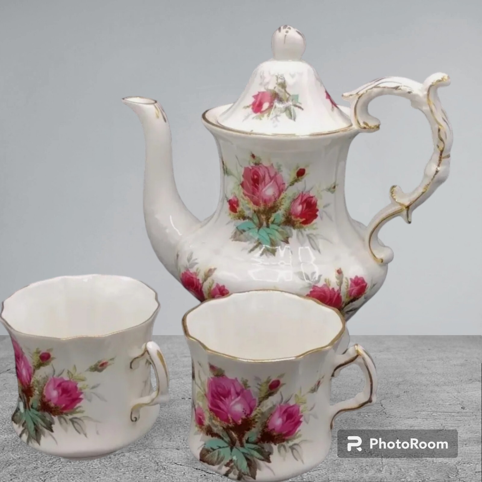 VTG Hammersley Bone China Grand Mother’s Rose Coffee Pot & 2 Flat Cups Gold Trim