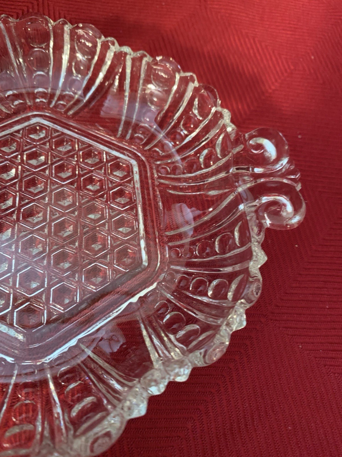 Anchor Hocking Clear Glass Vintage Dish with Hexagon and Dot & Cane Pattern 7.5”