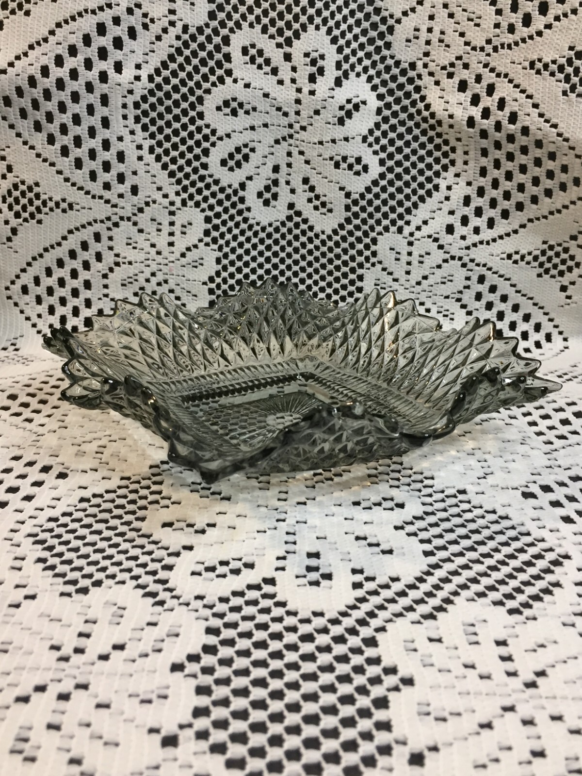 Light Gray Clear Glass Candy Bowl Square Serving Dish with Pointy Edges Vintage