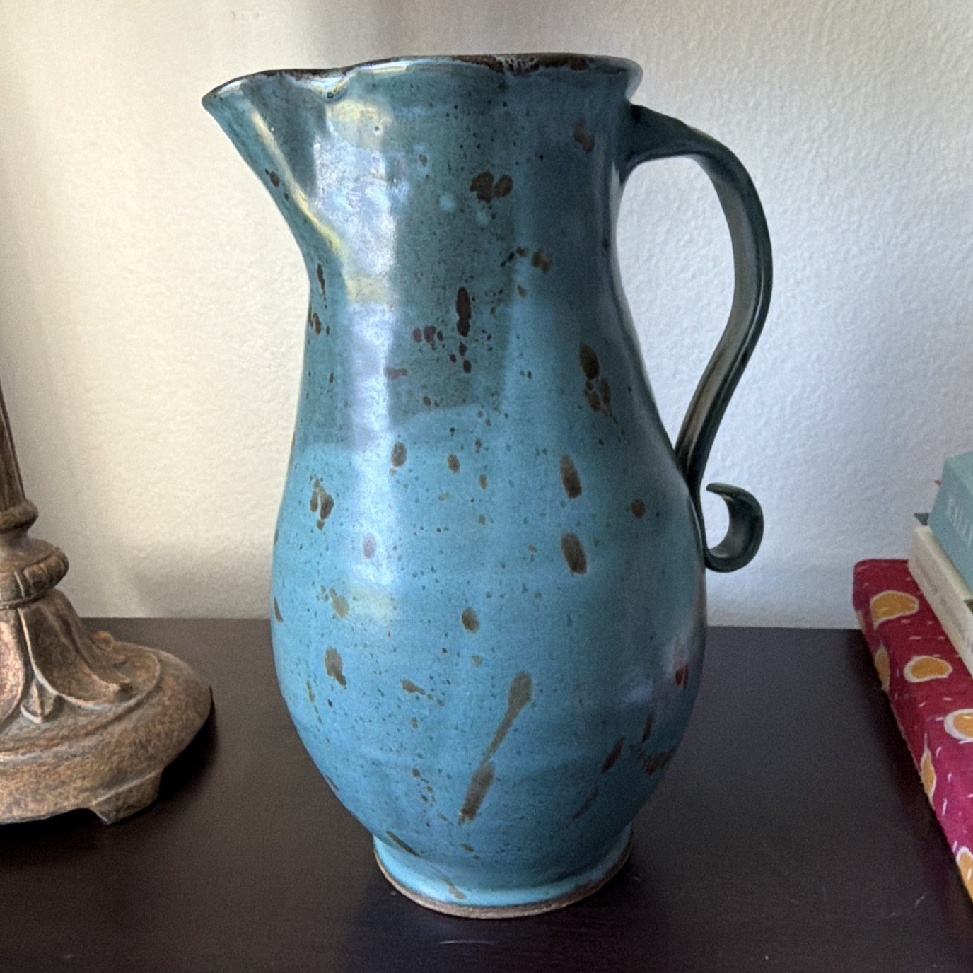 Blue Brown Speckled Stoneware Pottery Pitcher w/ Handle Glossy initials HW