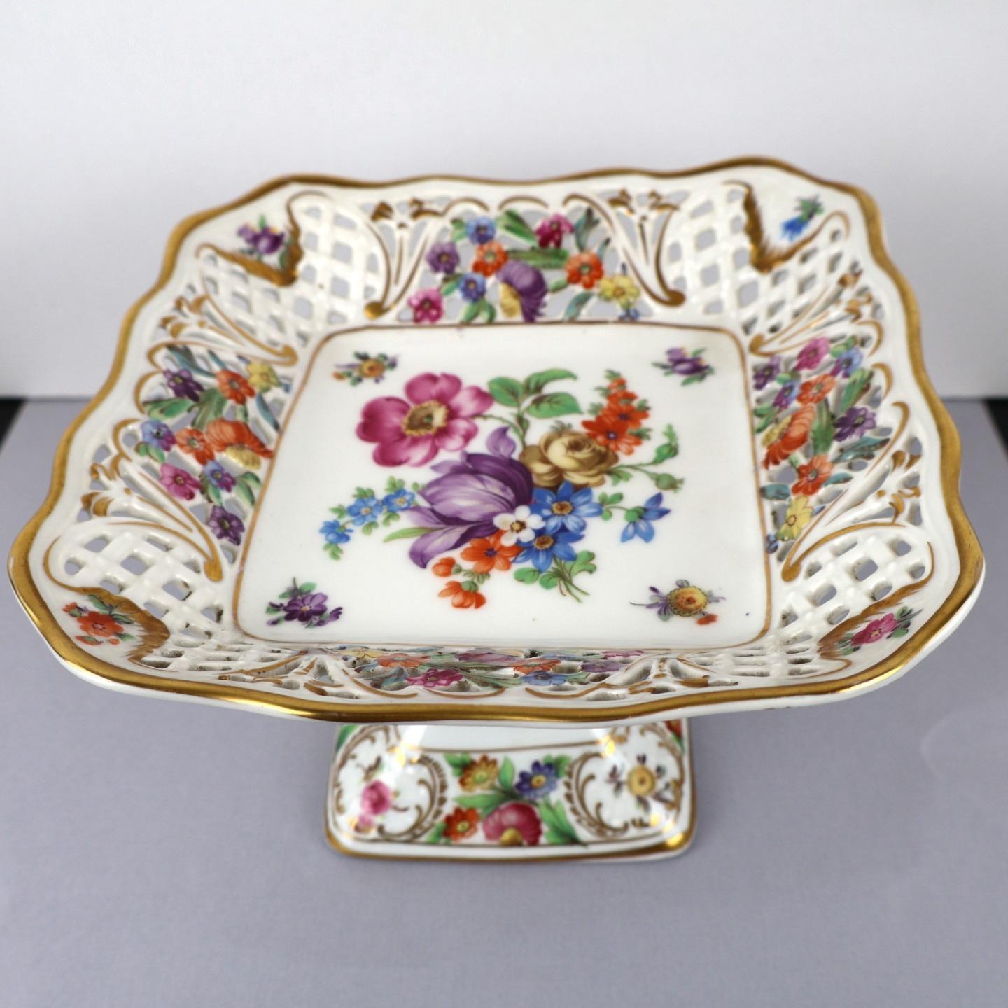 Vintage Dresden Schumann Bavaria Porcelain Flowers Reticulated Pedestal Bowl