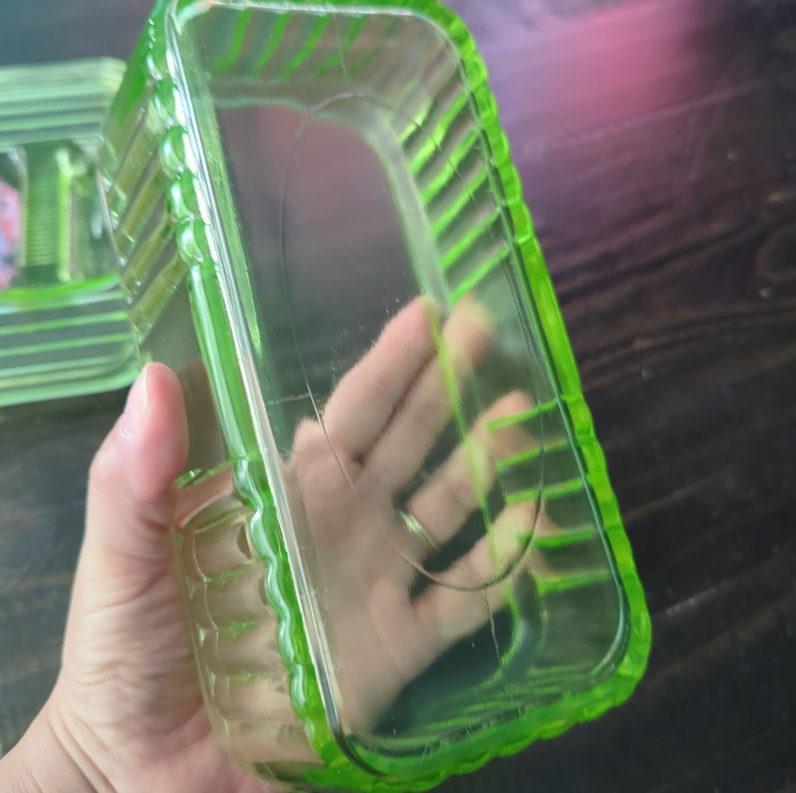 1930s Green Depression Uranium Vaseline Glass Ribbed Frig Dish/Lid 8.5”
