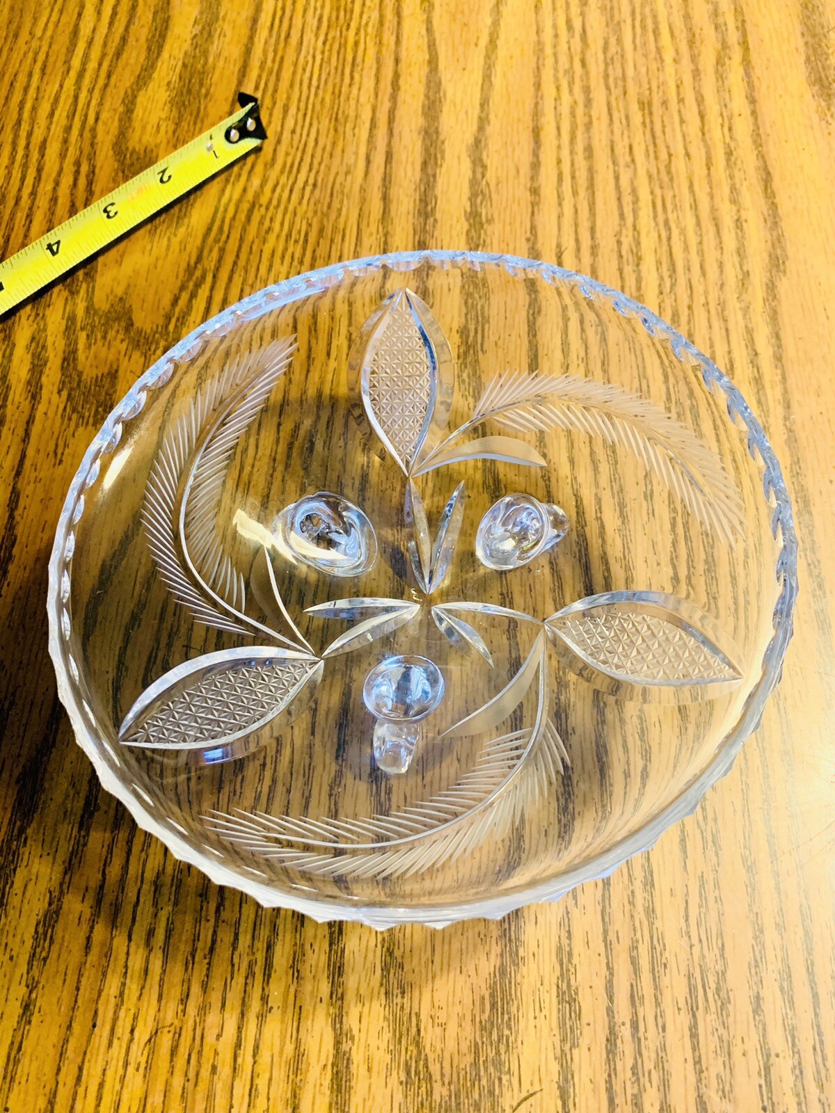 Stunning Cut Glass Crystal Footed Dish Bowl Wheat-Leaf Pattern 7”w Elegant