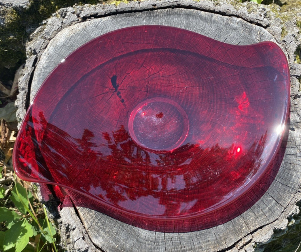 Vintage Epic Ruby Red Viking Glass Asymmetrical Console Platter 16” Stunning!