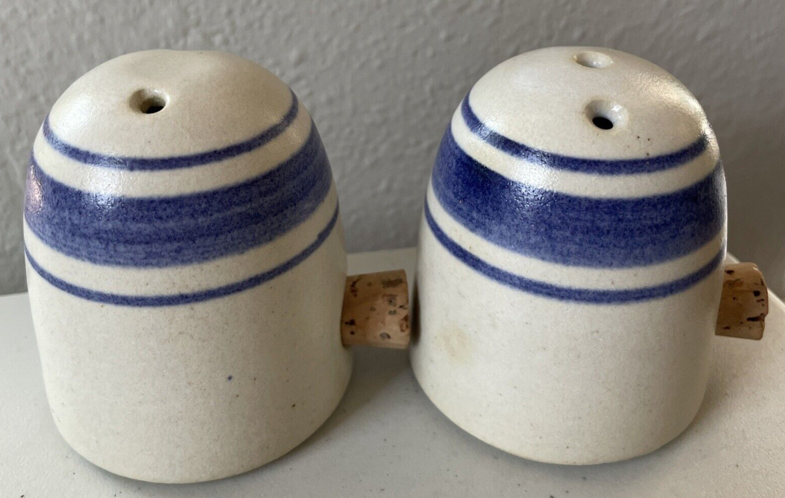 Handmade Pottery Salt & Pepper Dome Shakers Blue Beige Signed Corked Cottagecore