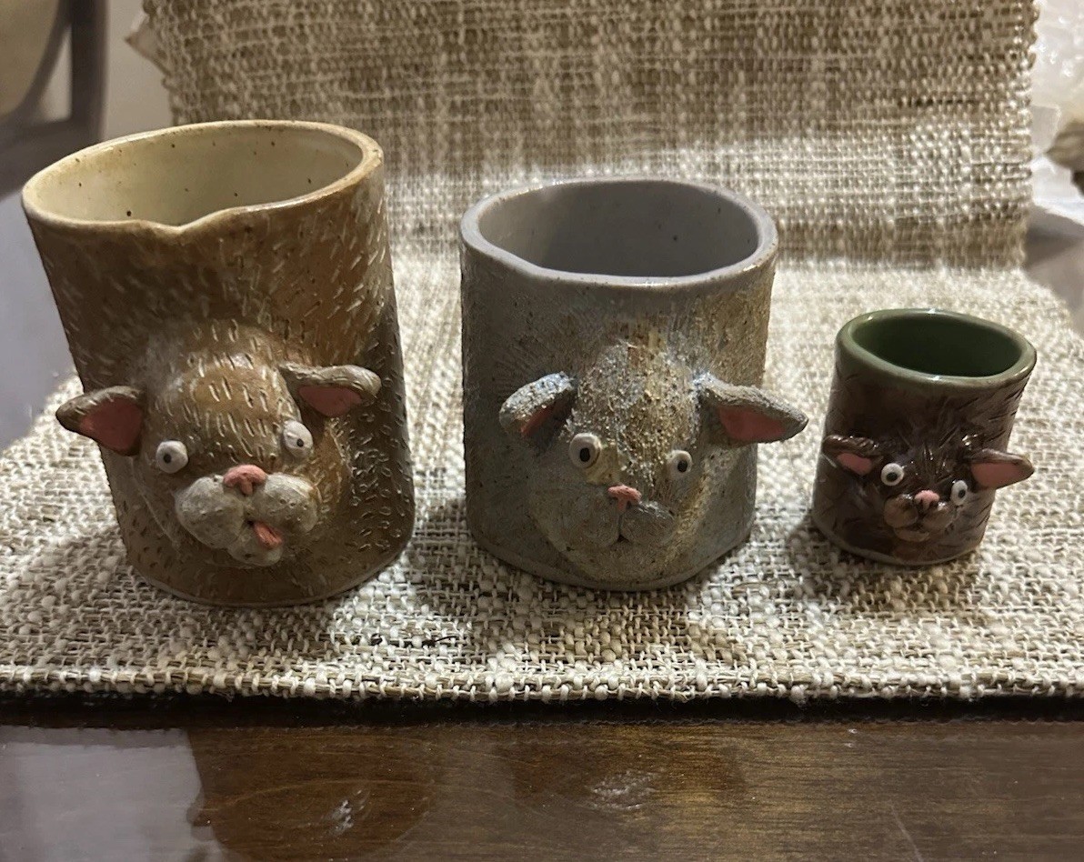Funny Ugly Face 3D Art Pottery Coffee Tea Mug Cup Handmade Set Of 3 Critters