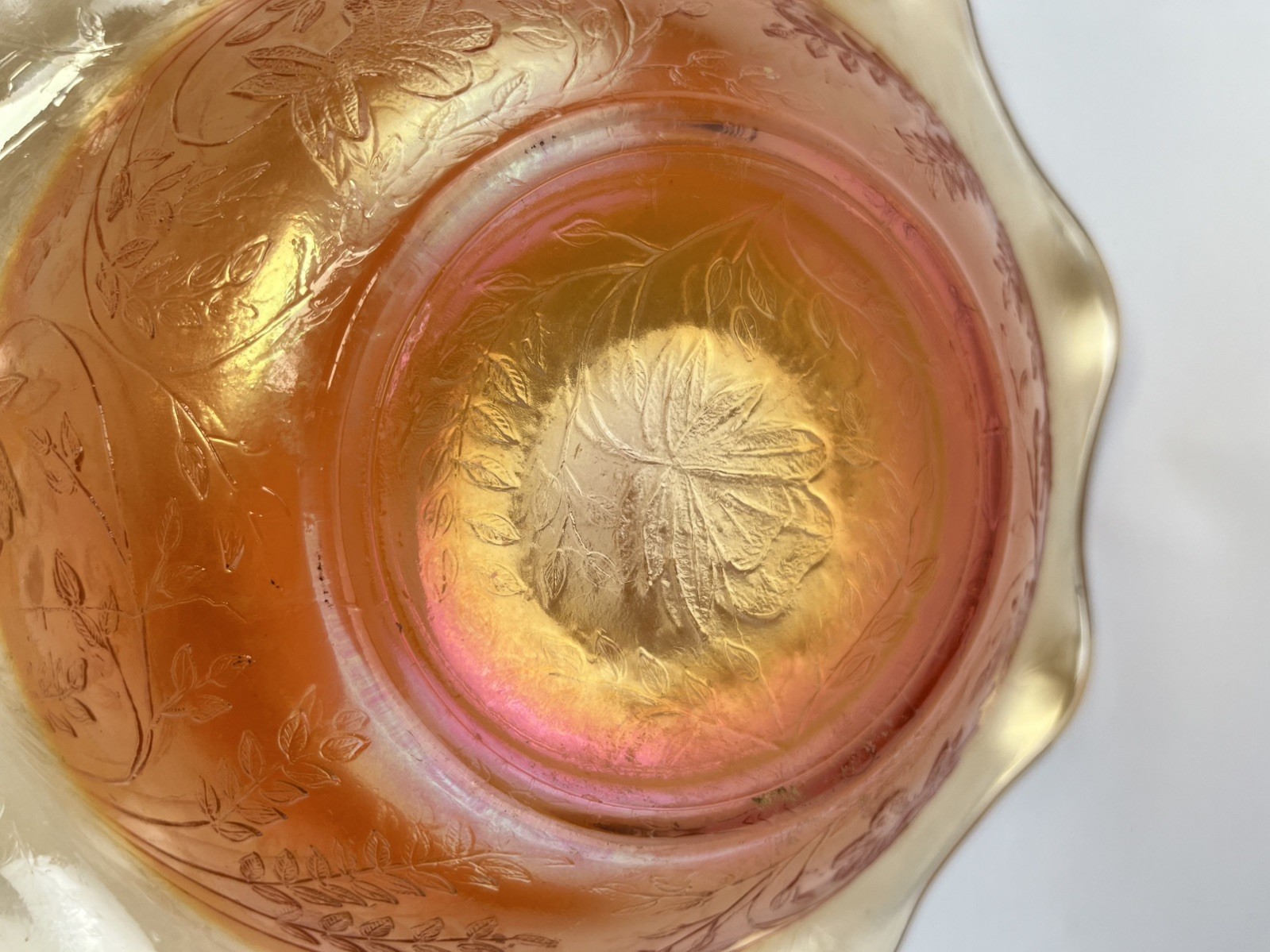 Vintage Marigold Carnival Glass Bowl Ruffled Edge Iridescent Floral 9.5″
