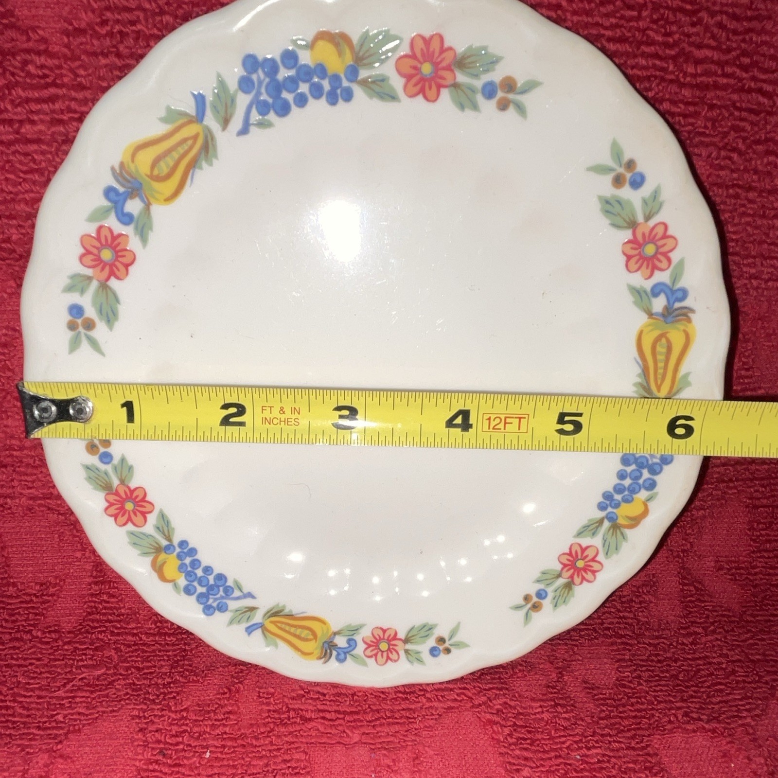 White Multicolor Floral Ceramic Round Plate 6.25in Glossy Scalloped Rim