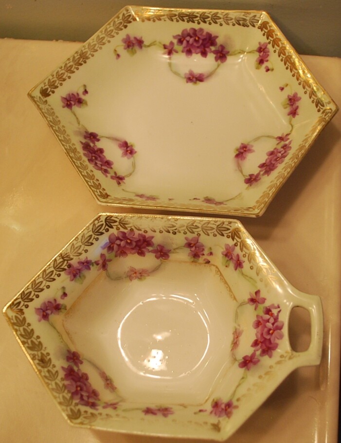 Set 2 HAND PAINTED VIOLETS Antique Prussia Hexagonal Porcelain CANDY Dishes