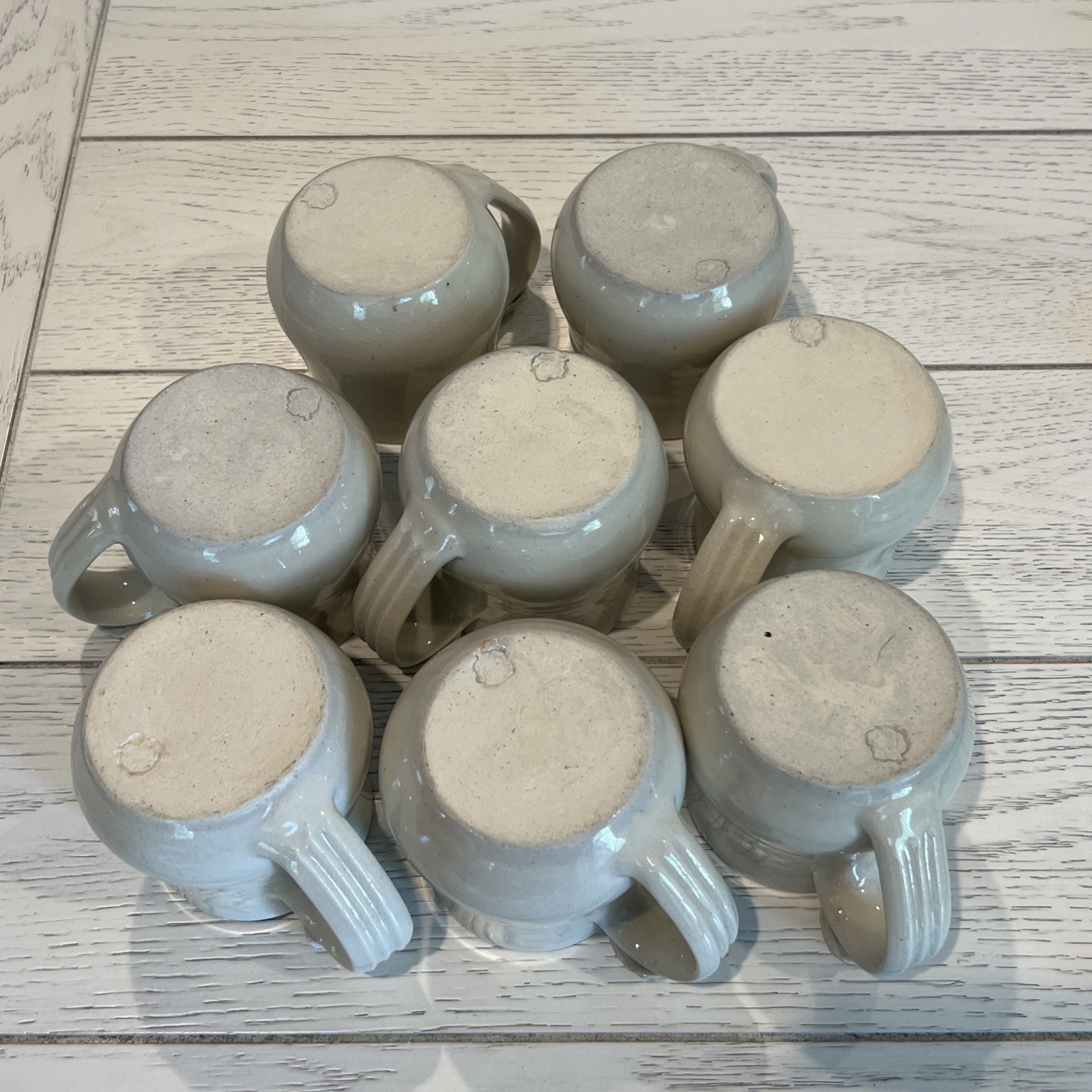 8 Pc Hand Thrown Beige Clay Pottery Coffee Tea Mugs Seashell Handle Stamped Set