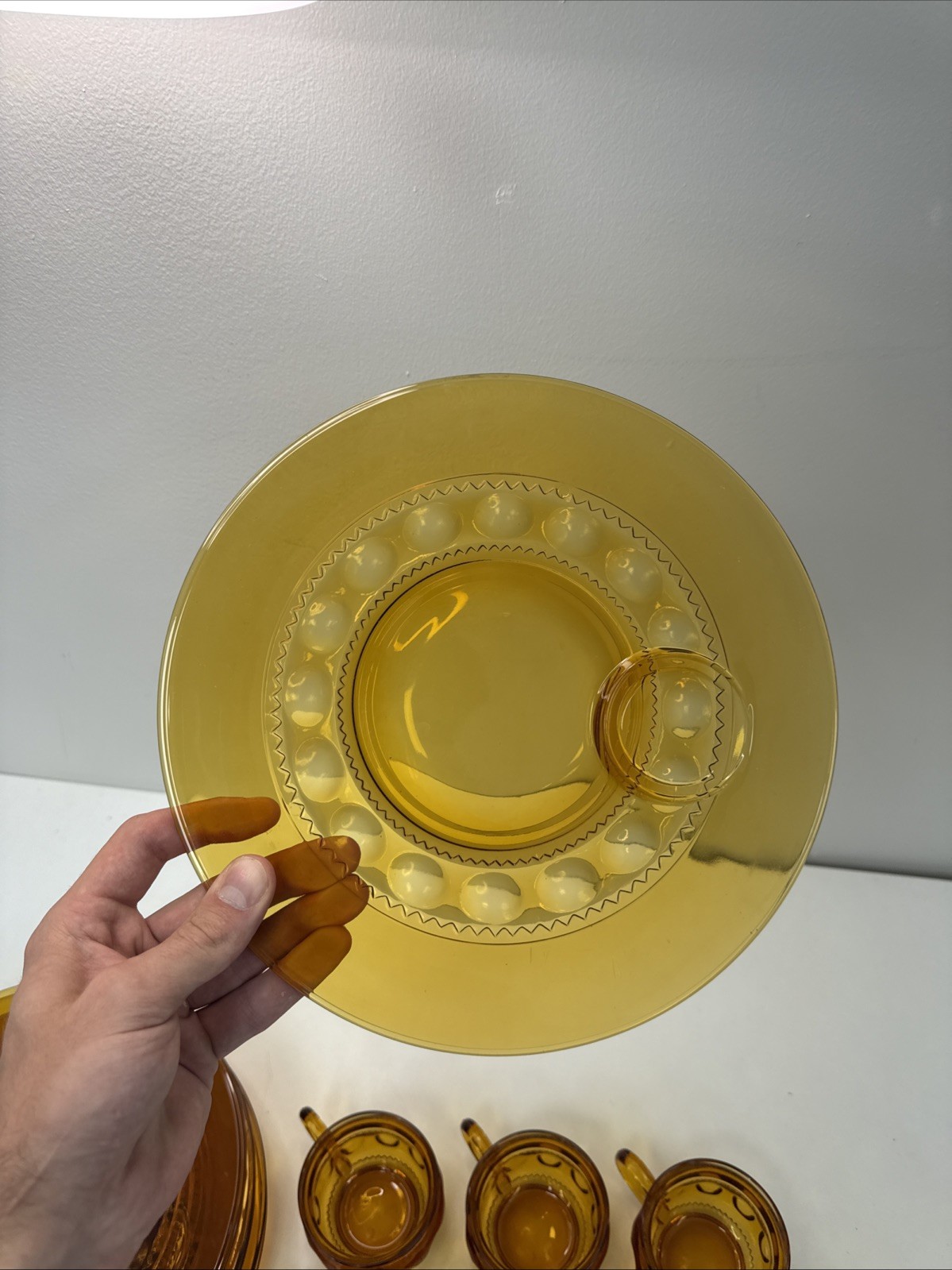 VTG 12pc Kings Crown Thumbprint Indiana Amber Glass Dinner Set Glasses & Plates