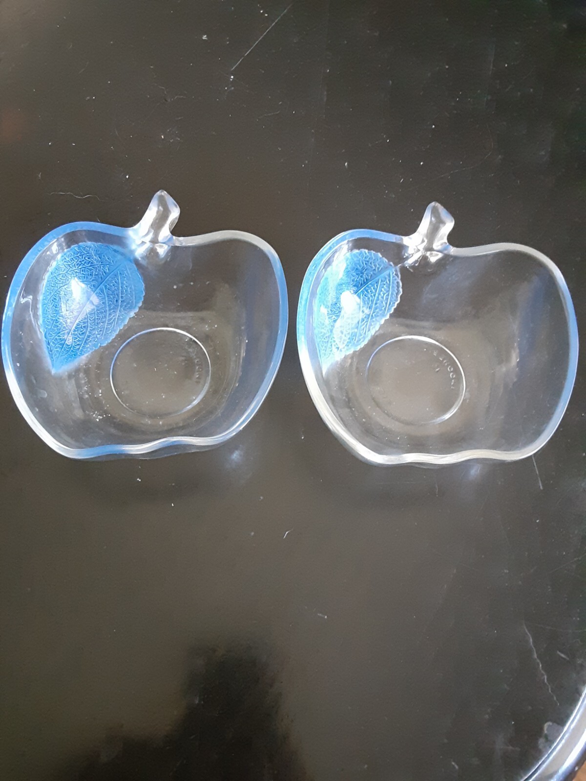 Apple-shaped glass dishes etched Indonesia LOT of 2 w/stems and blue leaves