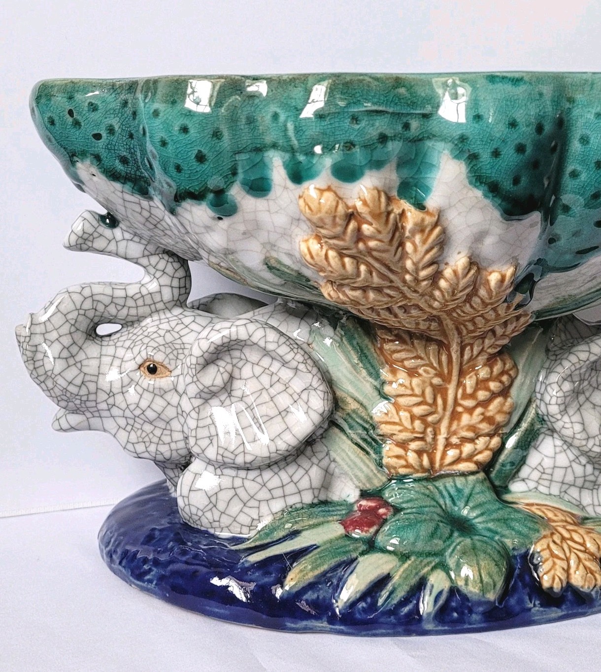 Vintage Italian Majolica Elephant Compote Centerpiece Bowl —Crackle Glaze Finish