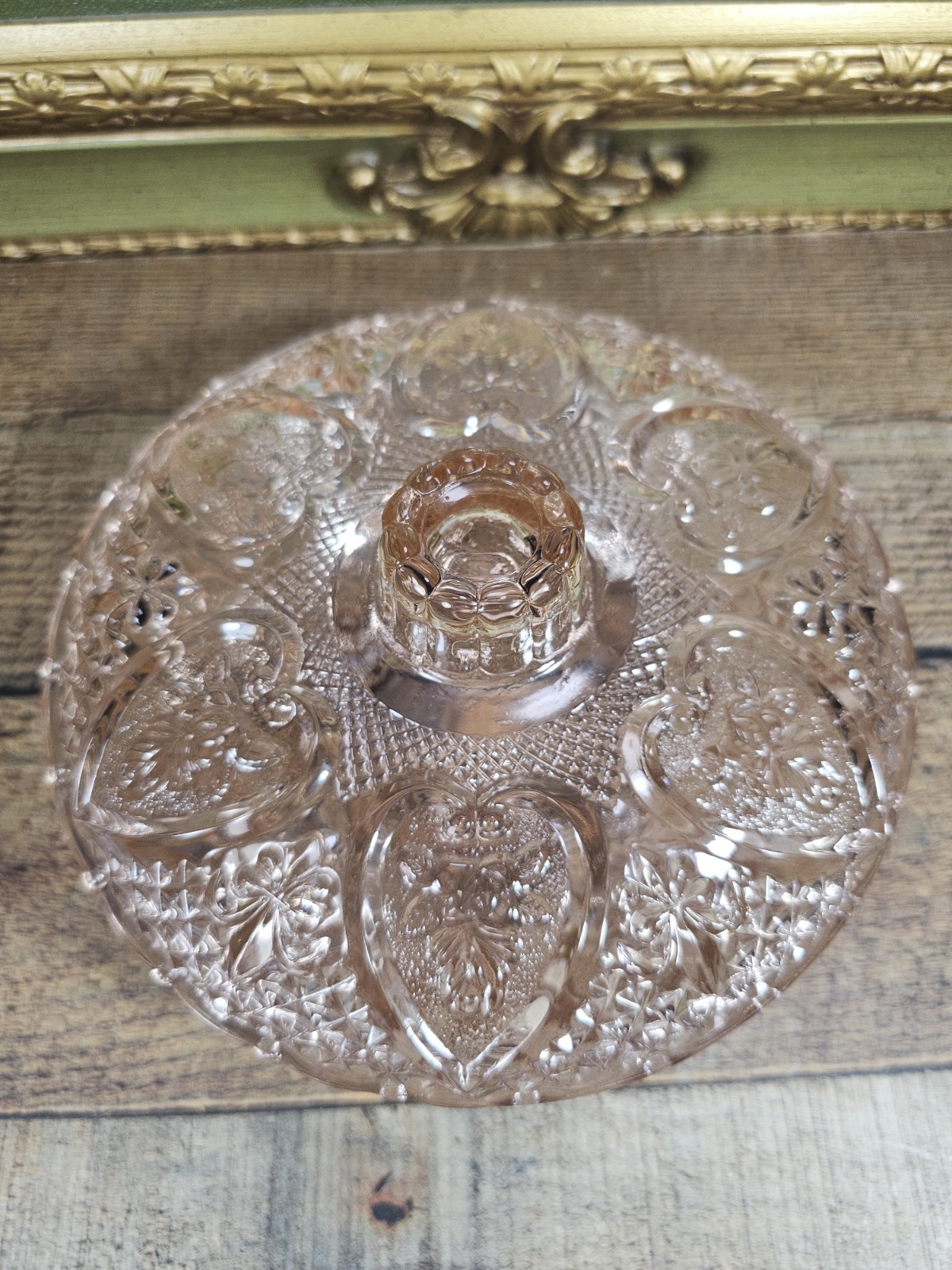Vtg KIG Malaysia Pink Depression Glass Footed Candy Dish Heart & Rose Pattern