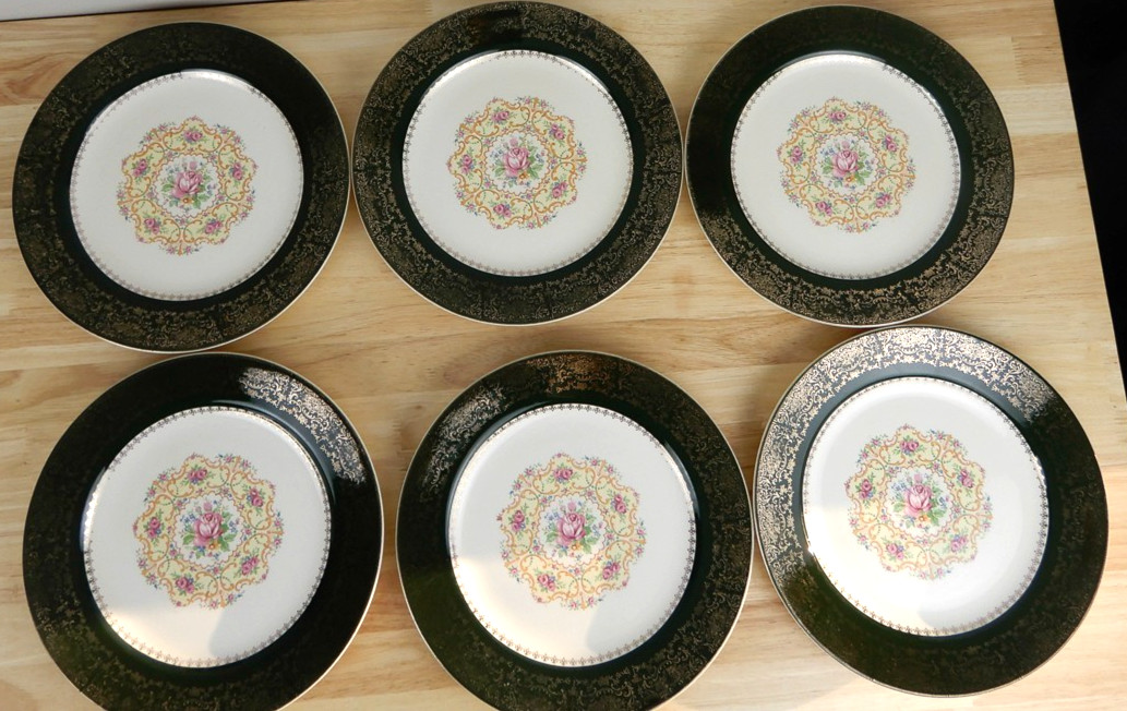 6 Harmony House by Salem Excellency Green Dinner Plate 10 inch Vintage 23K GOLD