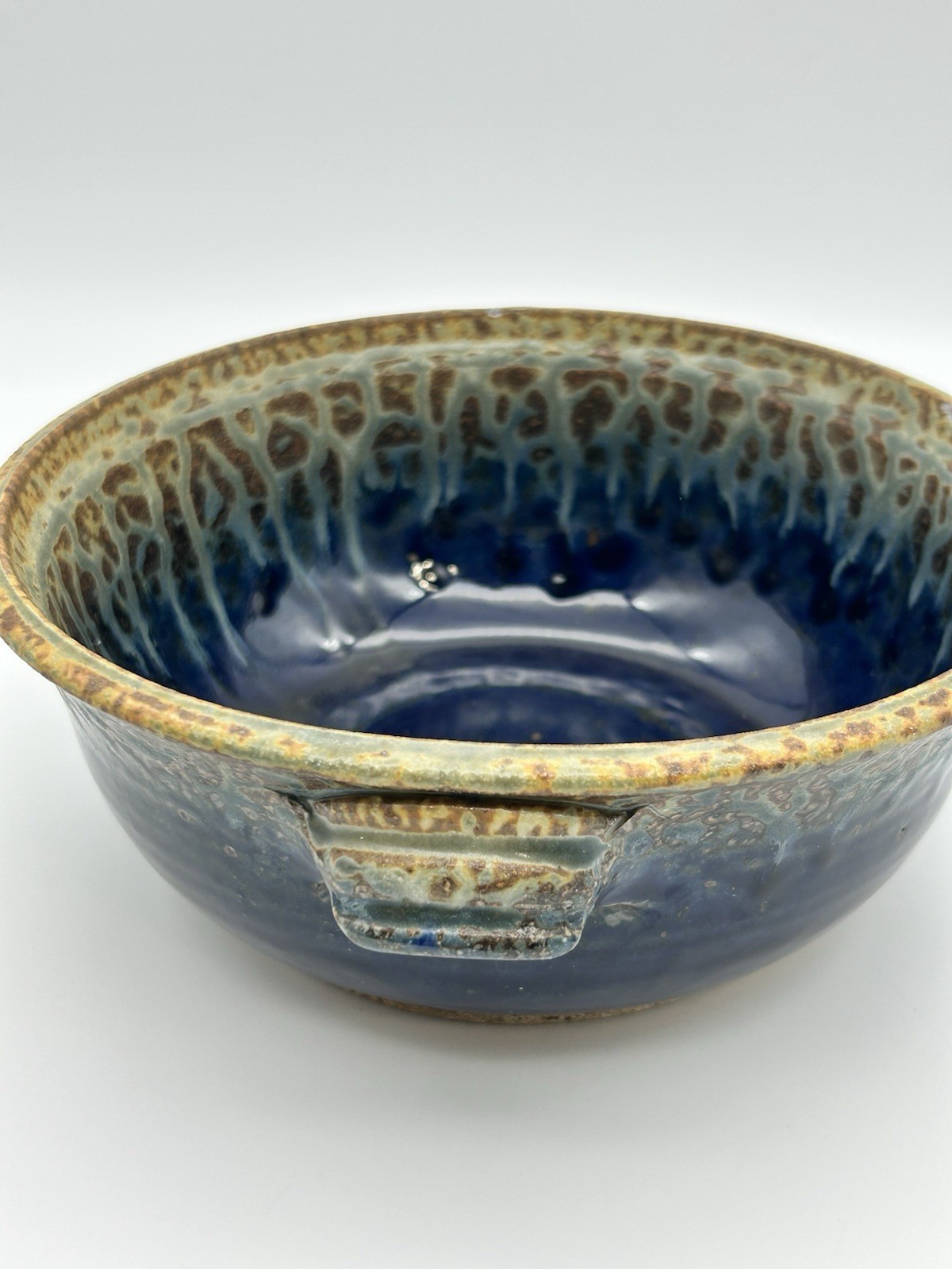 Art Pottery Stoneware Bowl Drip Glaze Blue Grey Tan, Vintage, 8.25” x 2.5”