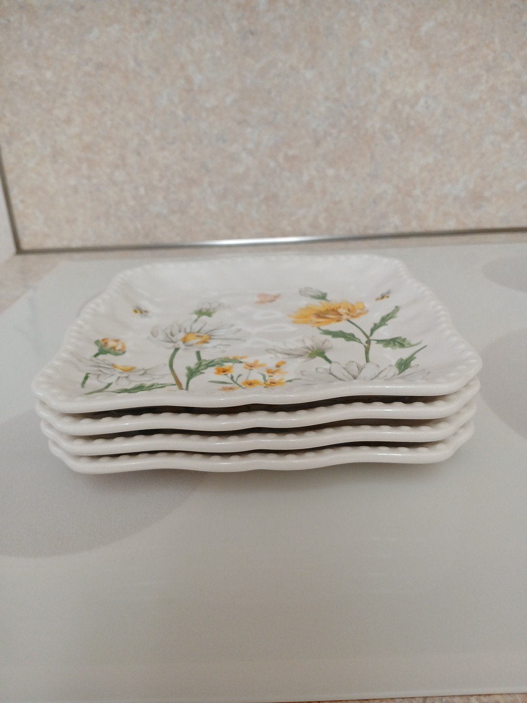 Set of 4 Maxcera 8 1/2″ Square Side Plates, Daisies, Bees, and Butterflies