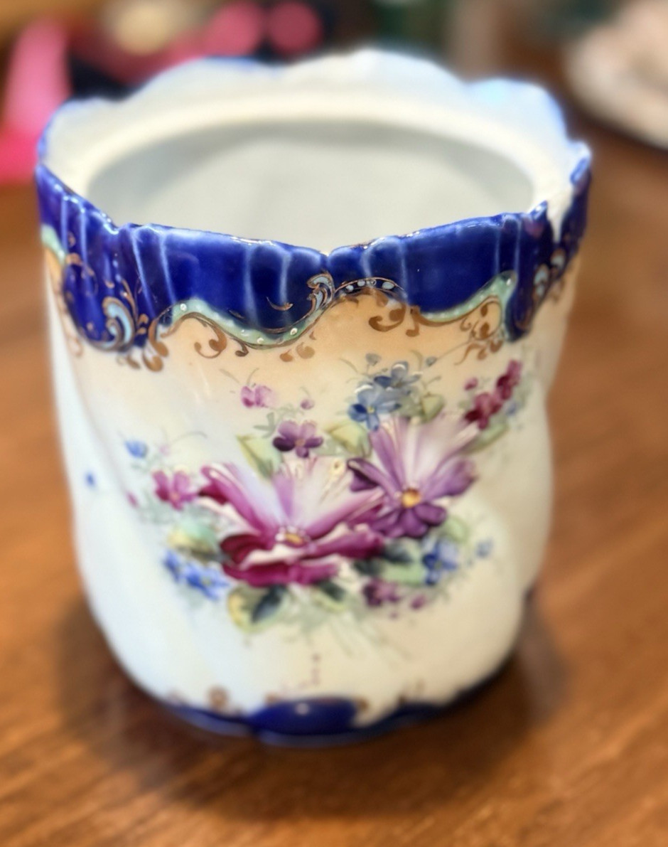 Antique Victorian Hand Painted Porcelain Jar Cobalt Blue Gold Gilt Floral