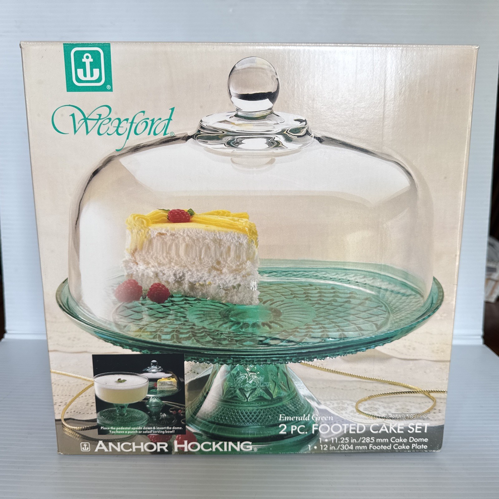 Anchor Hocking Vintage Wexford Glass Emerald Green Footed Cake Set w/Box EUC