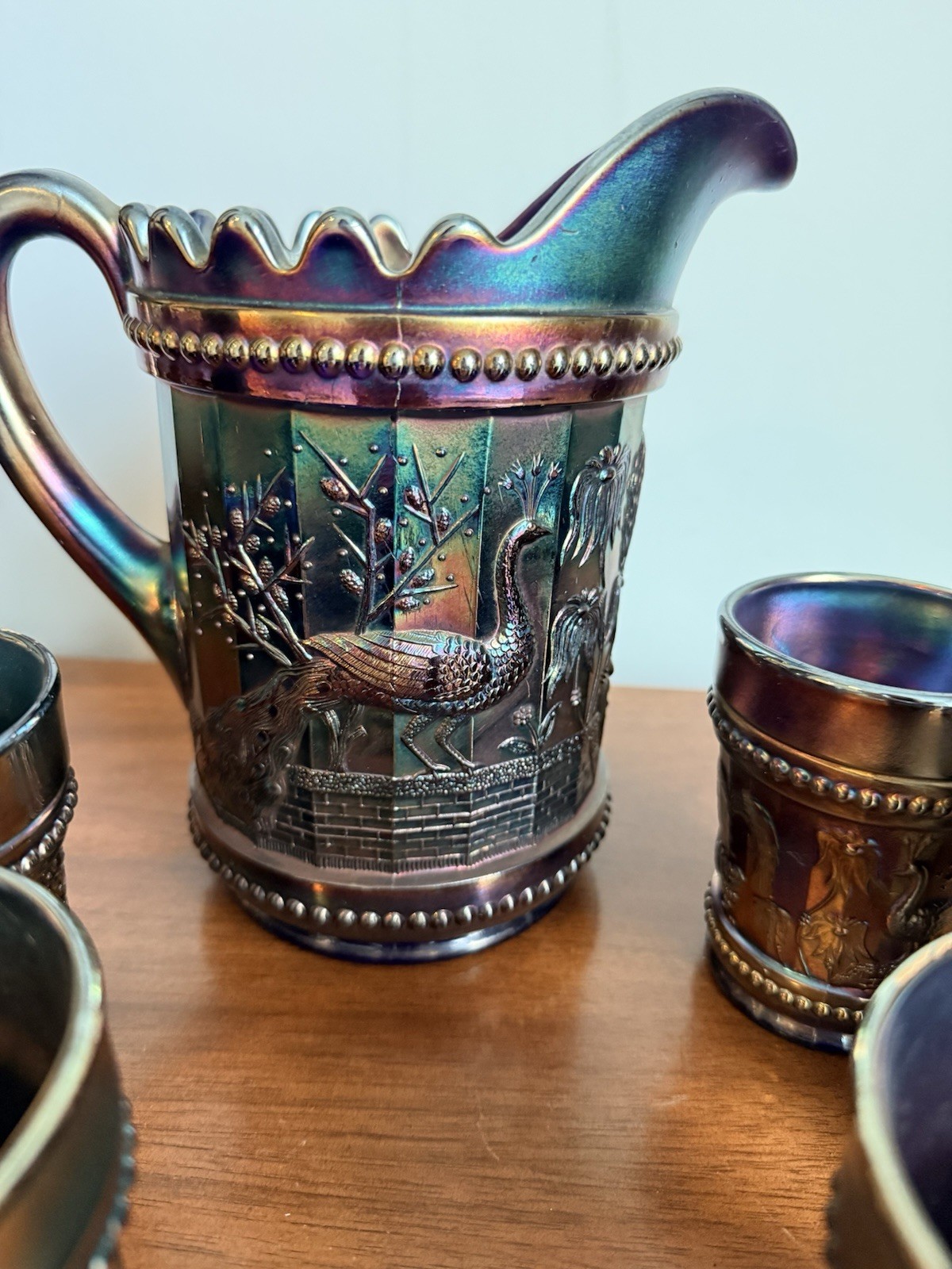 Antique Northwood Carnival Glass Peacock At The Fountain Pitcher & Tumblers Set