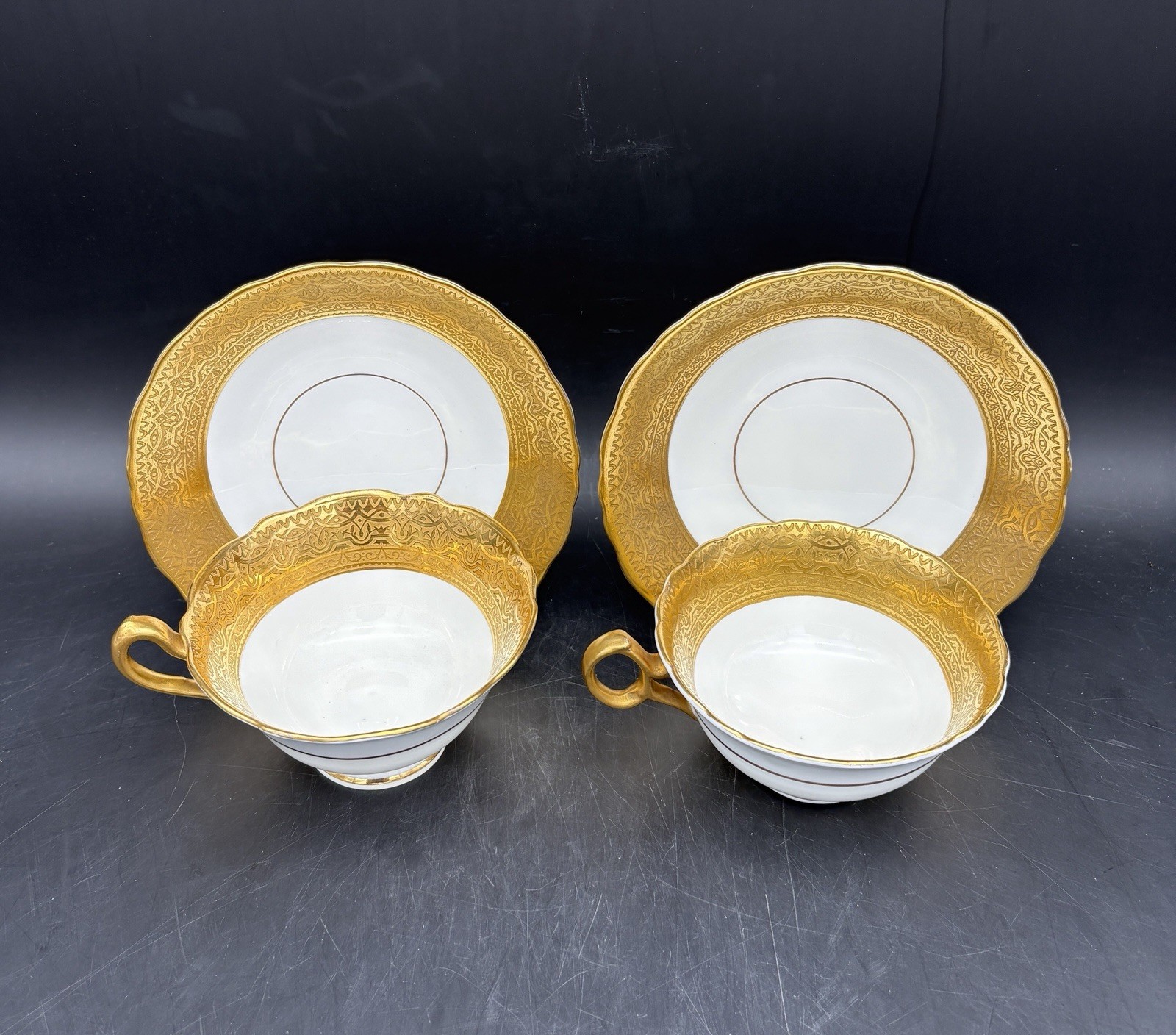 2 Heavy Gold Crown Sutherland Cups & Saucers Imported for C. Reizenstein & Sons