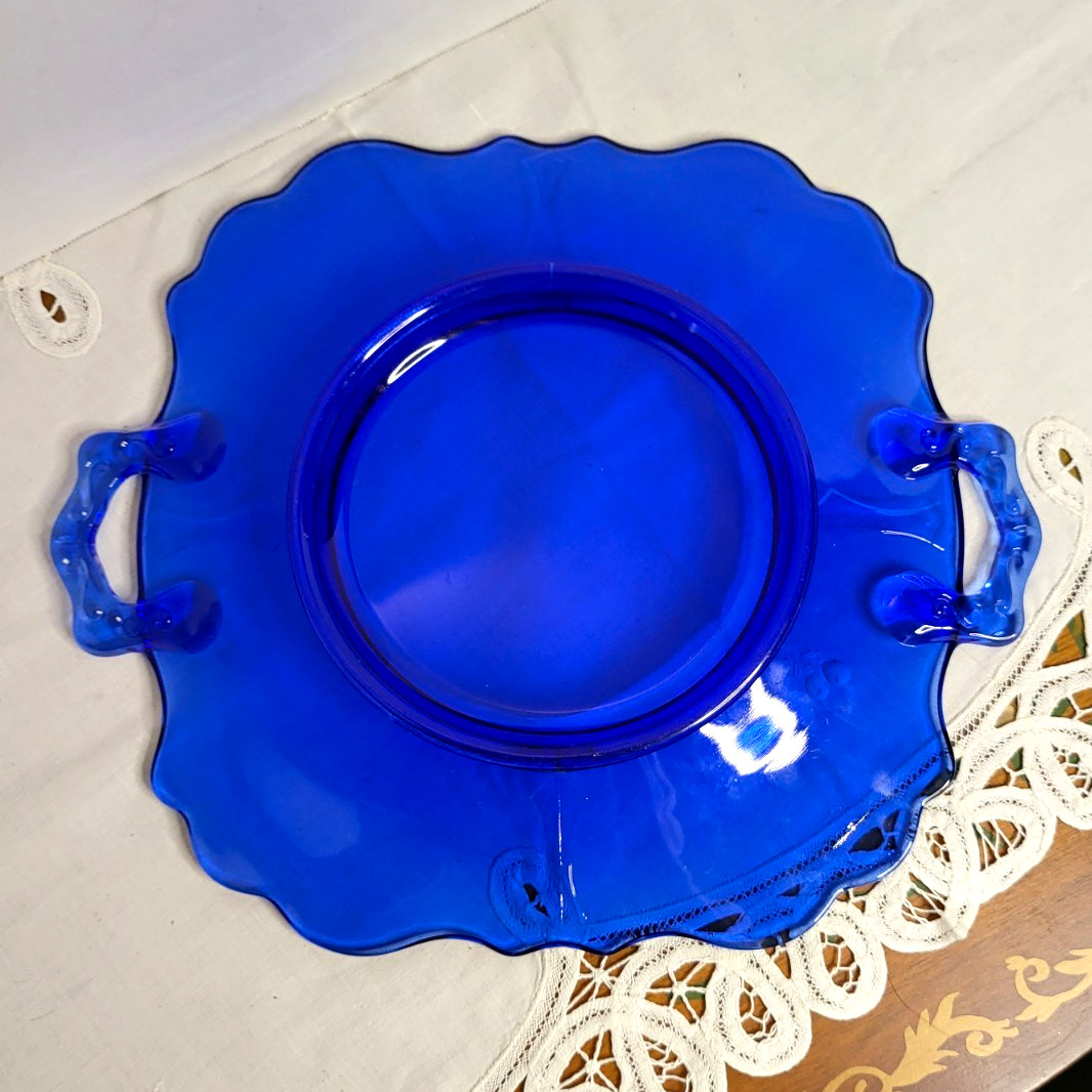 Unmarked Cobalt Blue Glass Solid Round Platter Handles 13 in