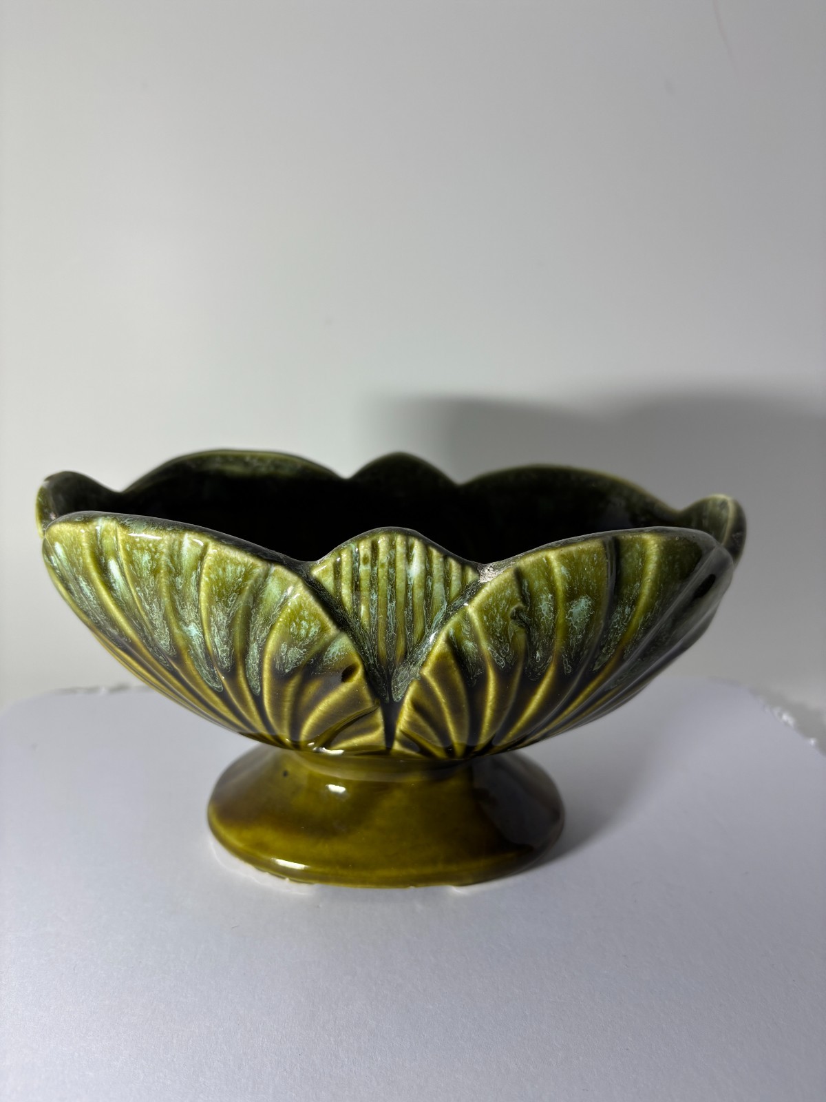 Vintage MCM Green Drip Glaze Footed Compote Bowl – Scalloped Leaf Design
