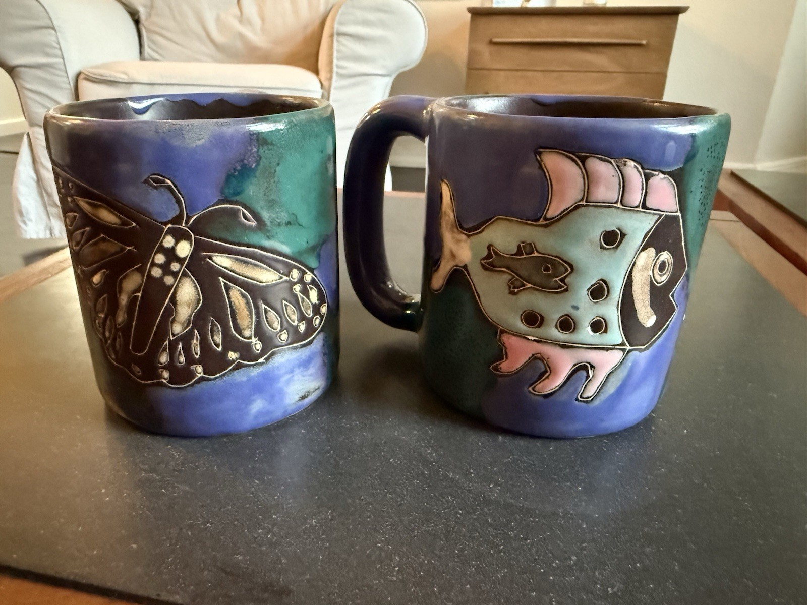 Set of 2 Mara Stoneware Pottery Fish & Butterfly Mug Tea Cup signed 4.25″H