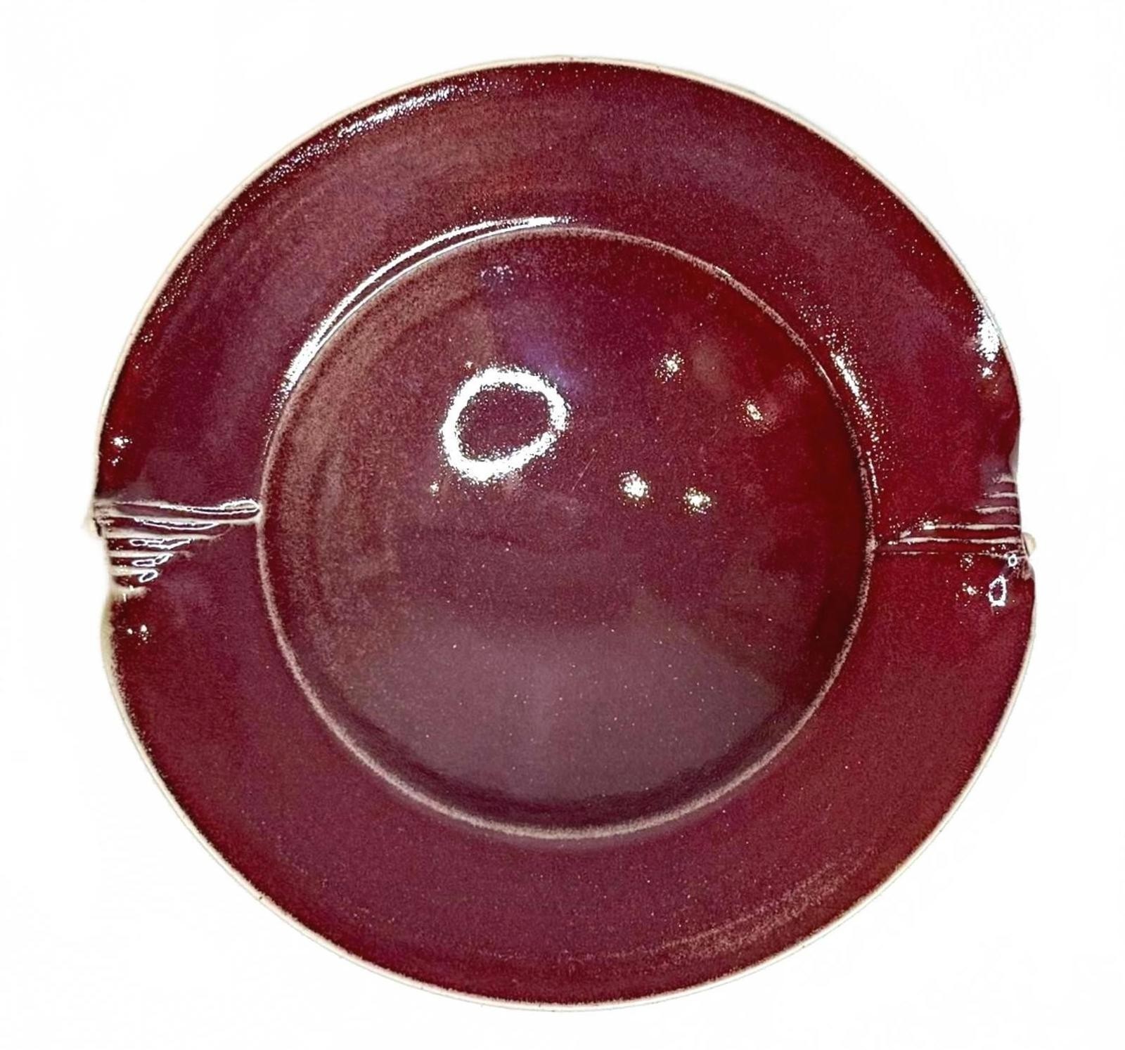 Vintage Oxblood Stoneware 9 in Bowl Decorated Notched Rim Studio Pottery Signed