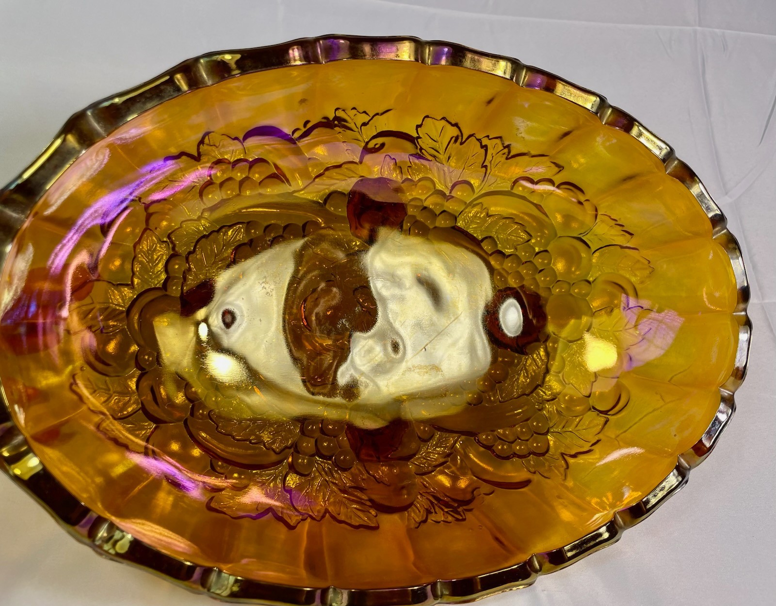 Vintage Carnival Glass Amber Iridescent Fruit Bowl 12” LG Footed Oval Indiana